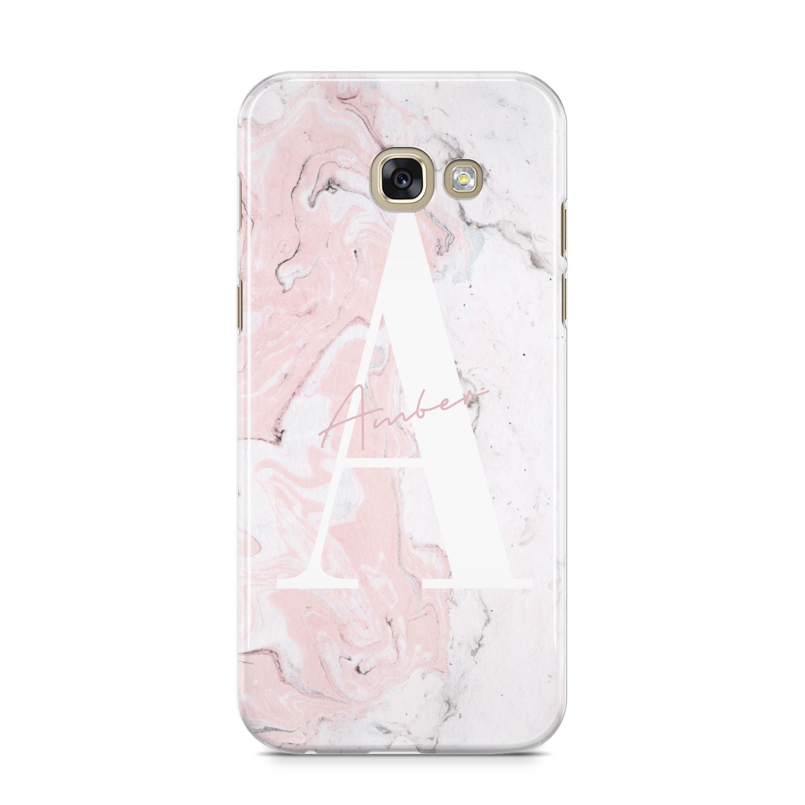 Monogrammed Pink White Ink Marble Samsung Galaxy A5 2017 Case on gold phone