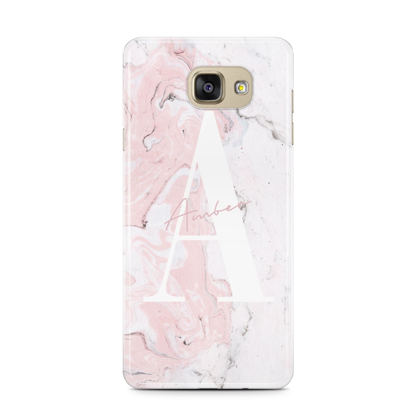 Monogrammed Pink White Ink Marble Samsung Galaxy A7 2016 Case on gold phone
