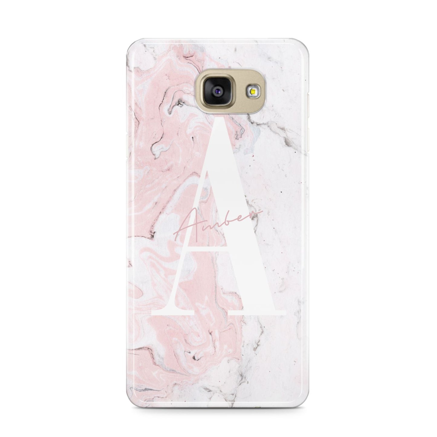 Monogrammed Pink White Ink Marble Samsung Galaxy A9 2016 Case on gold phone