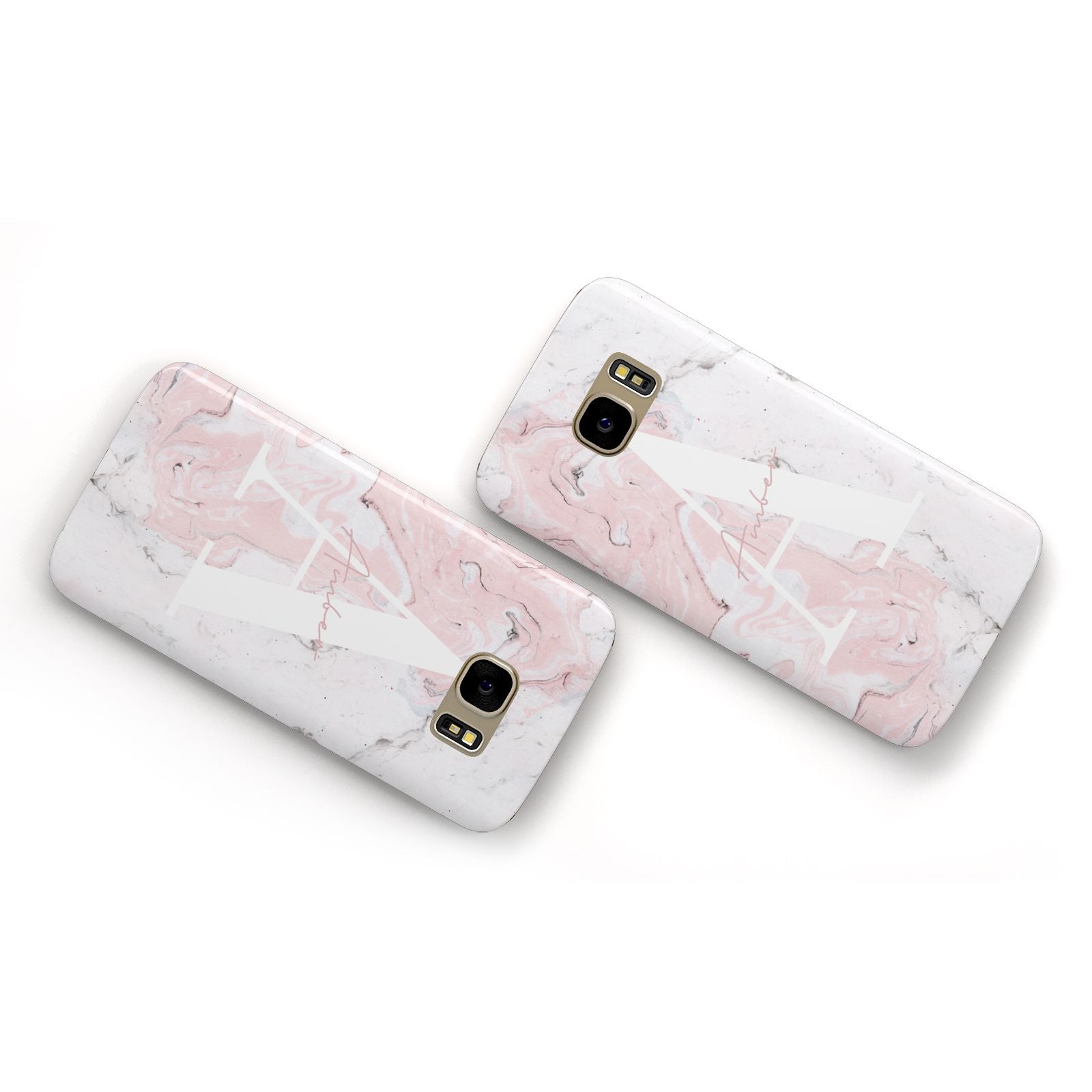 Monogrammed Pink White Ink Marble Samsung Galaxy Case Flat Overview