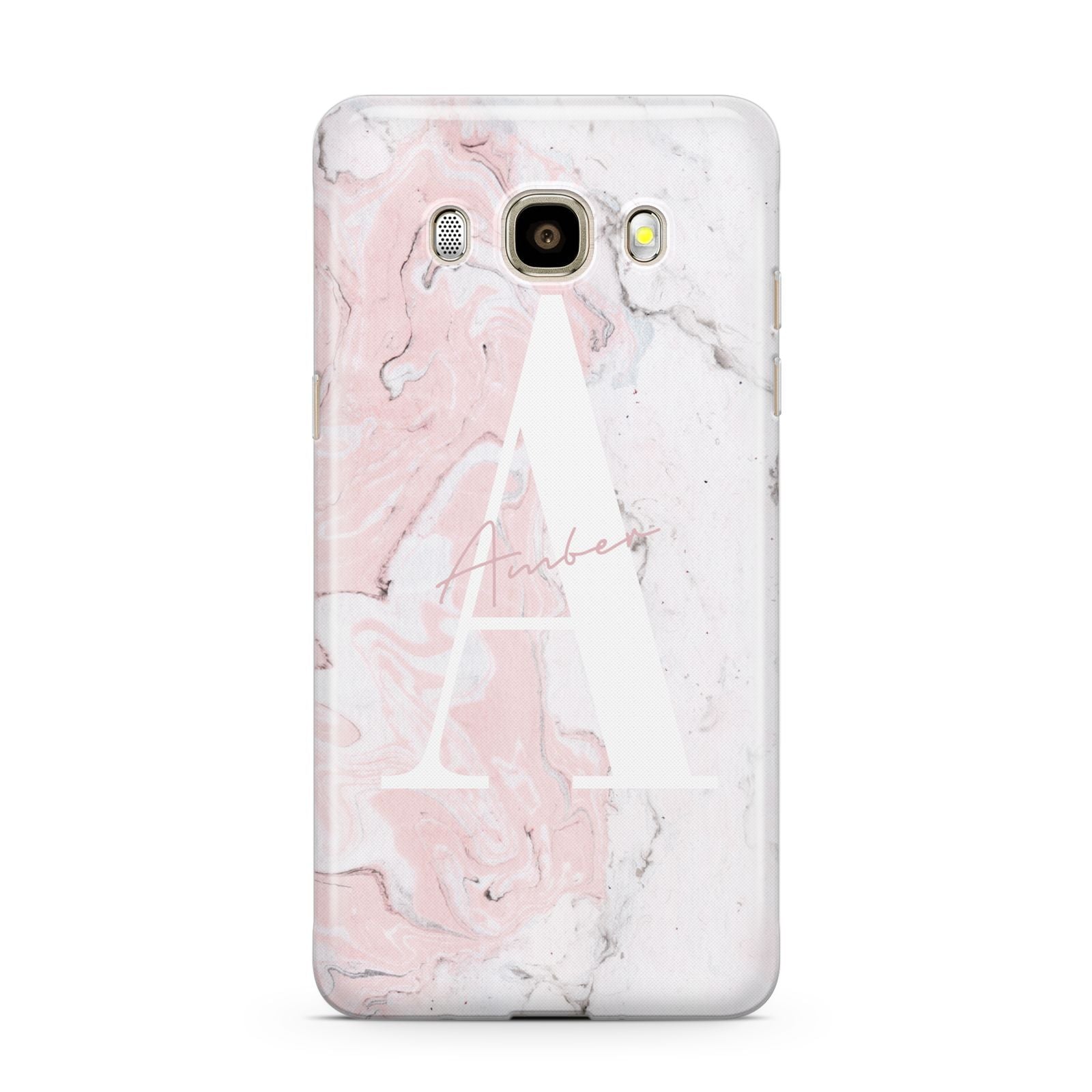 Monogrammed Pink White Ink Marble Samsung Galaxy J7 2016 Case on gold phone