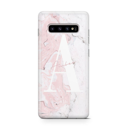 Monogrammed Pink White Ink Marble Samsung Galaxy S10 Case