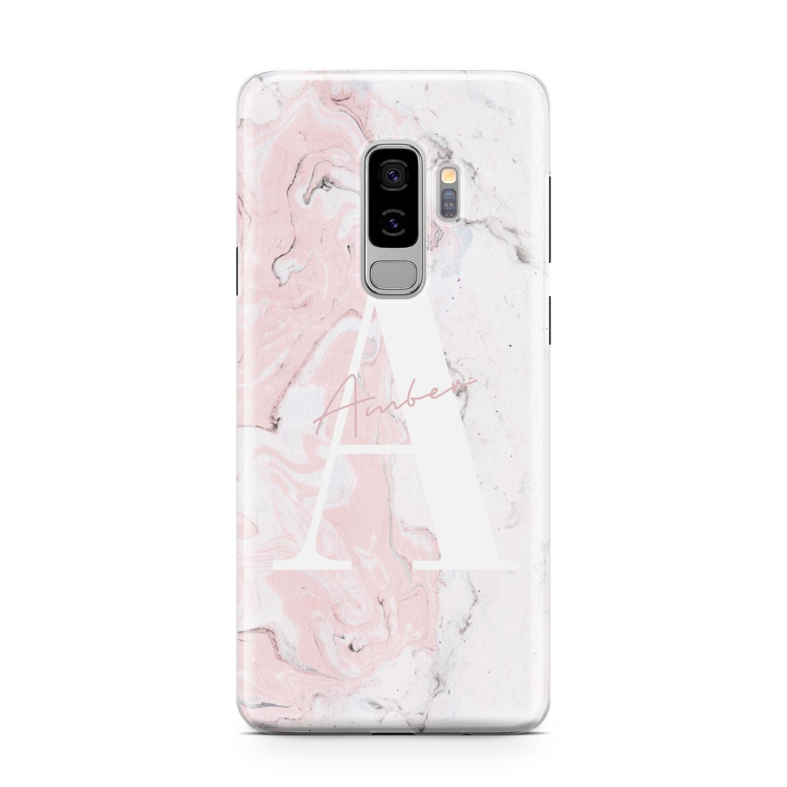 Monogrammed Pink White Ink Marble Samsung Galaxy S9 Plus Case on Silver phone