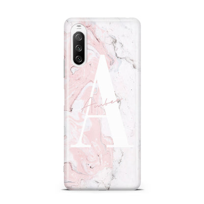 Monogrammed Pink White Ink Marble Sony Xperia 10 III Case