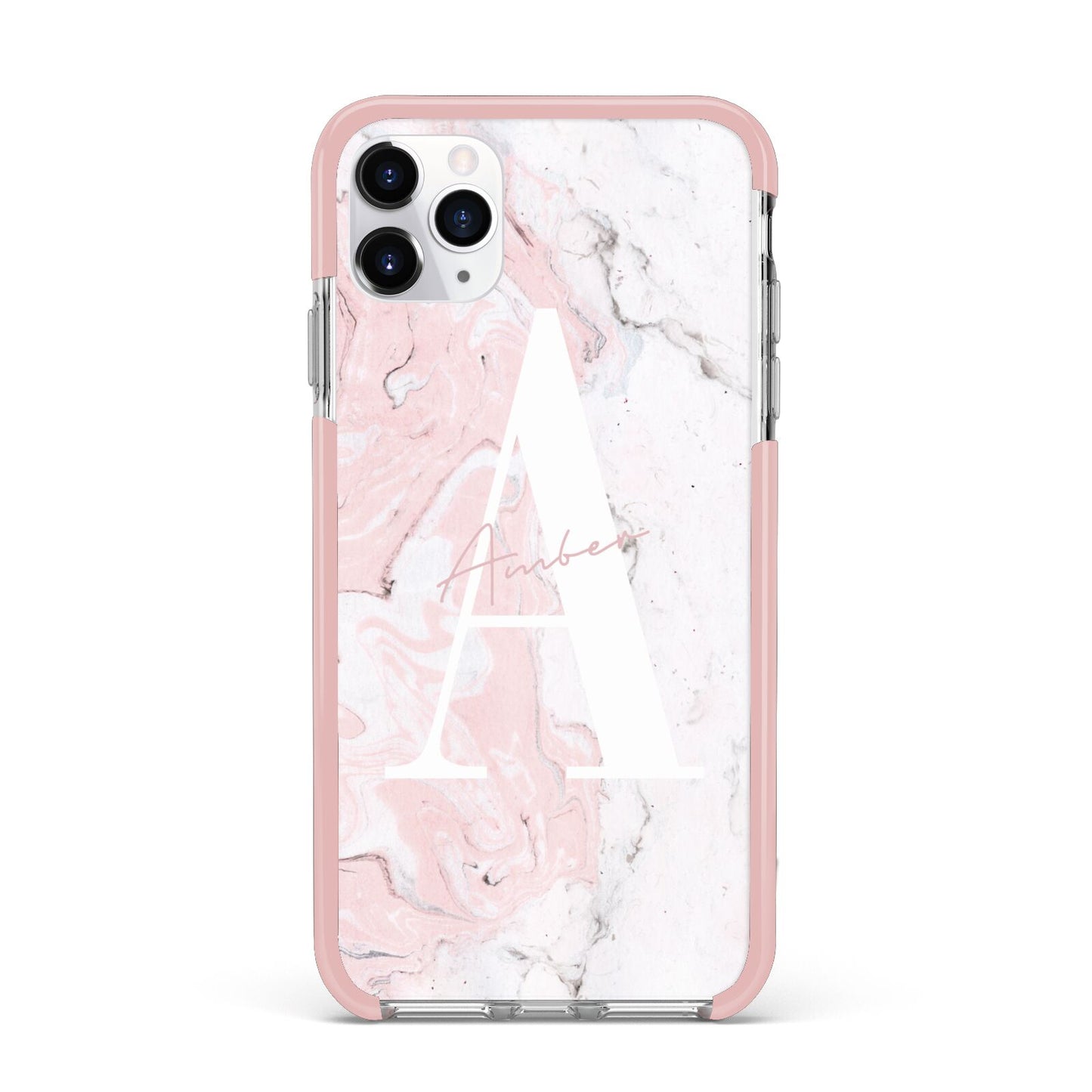 Monogrammed Pink White Ink Marble iPhone 11 Pro Max Impact Pink Edge Case