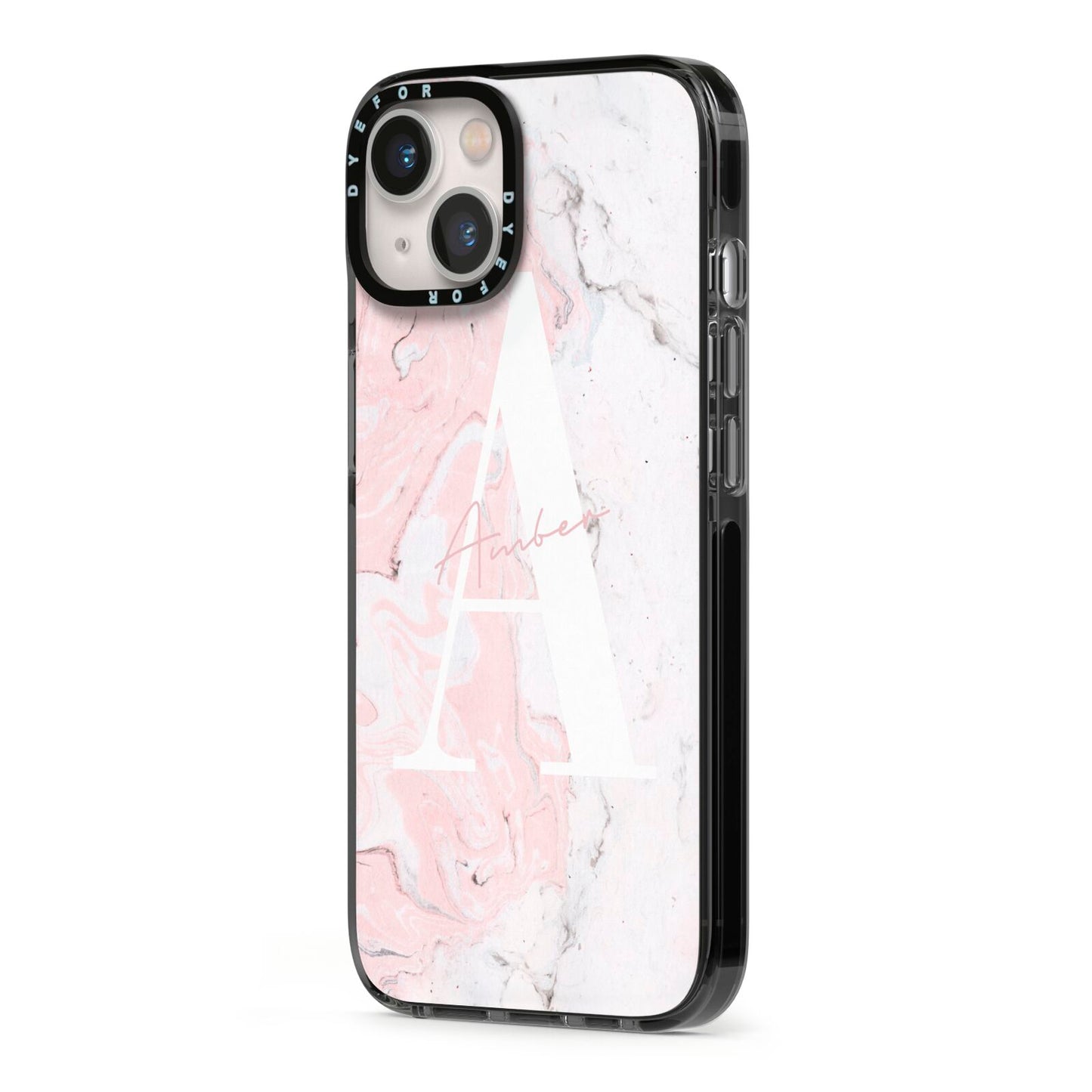 Monogrammed Pink White Ink Marble iPhone 13 Black Impact Case Side Angle on Silver phone