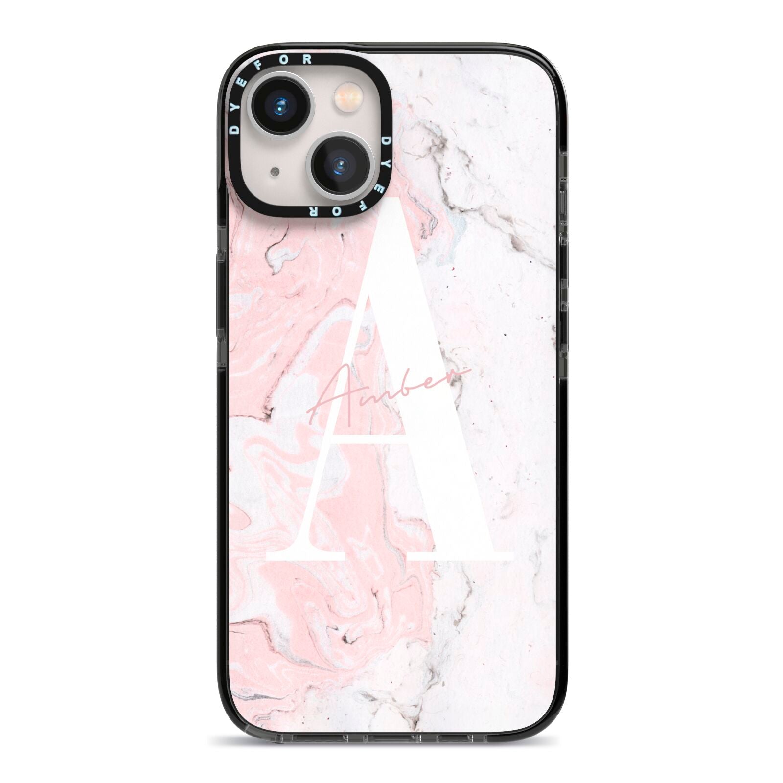 Monogrammed Pink White Ink Marble iPhone 13 Black Impact Case on Silver phone