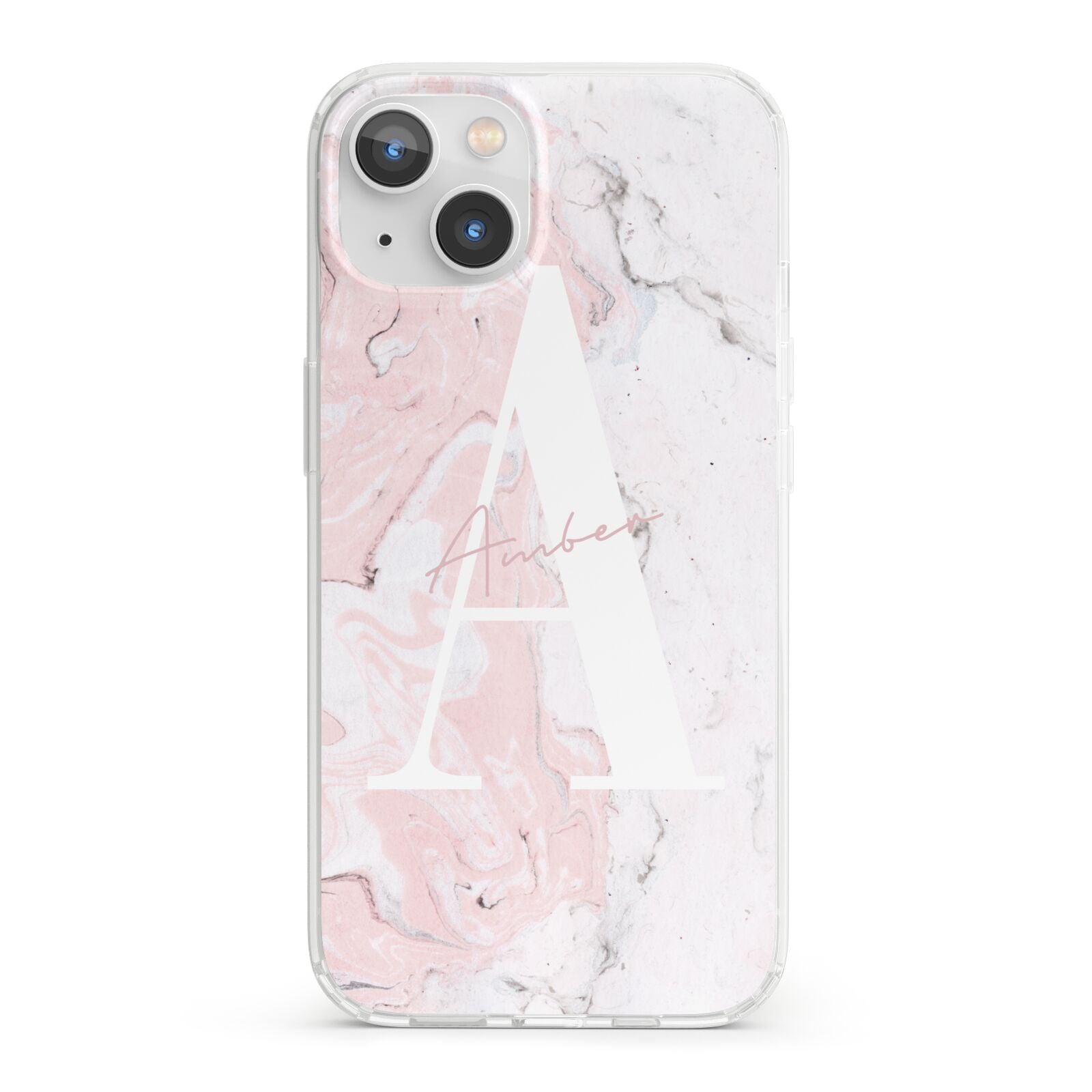 Monogrammed Pink White Ink Marble iPhone 13 Clear Bumper Case