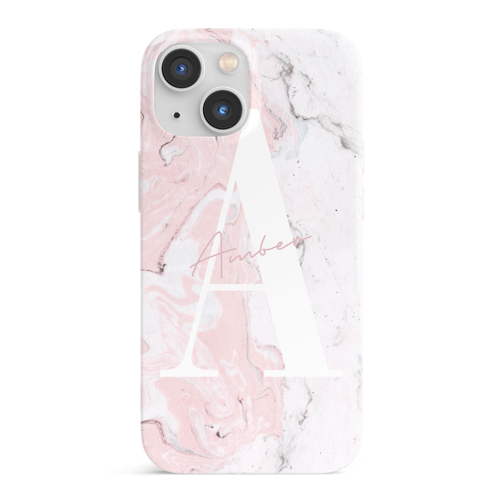 Monogrammed Pink White Ink Marble iPhone 13 Mini Full Wrap 3D Snap Case
