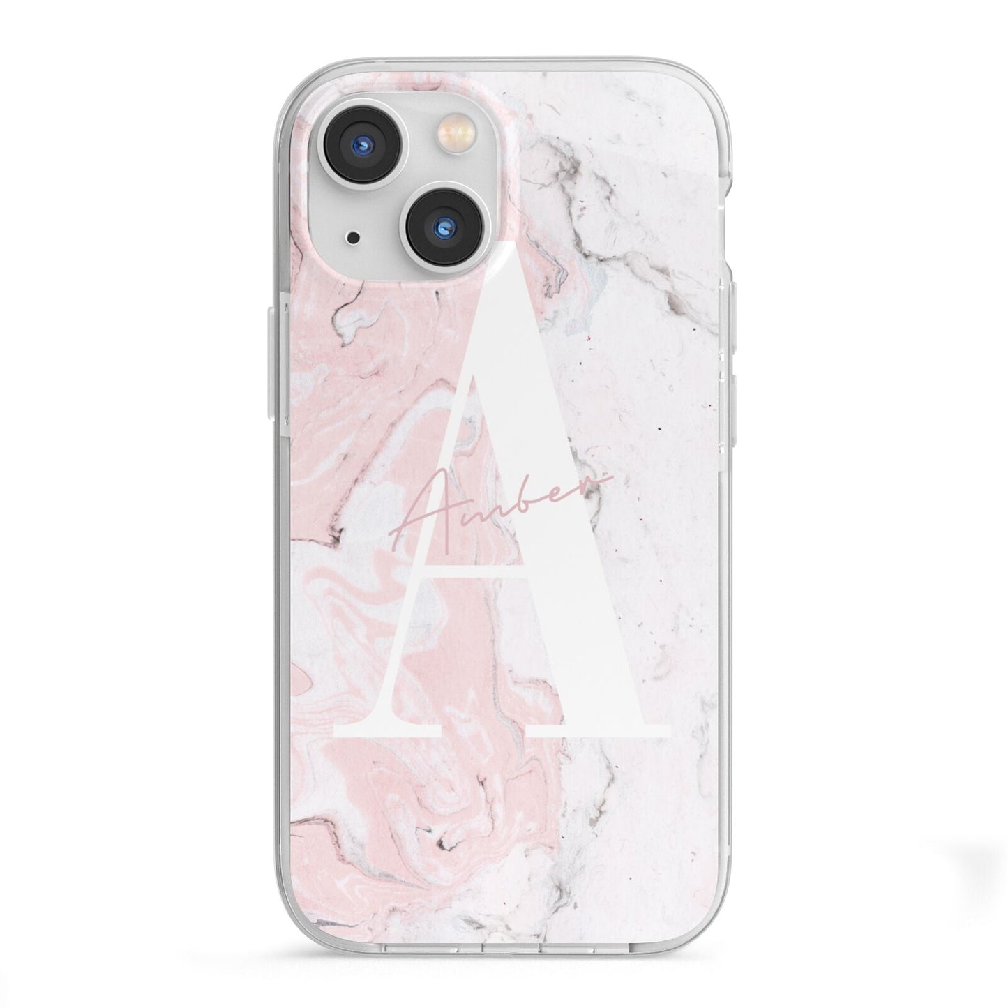 Monogrammed Pink White Ink Marble iPhone 13 Mini TPU Impact Case with White Edges