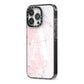 Monogrammed Pink White Ink Marble iPhone 13 Pro Black Impact Case Side Angle on Silver phone