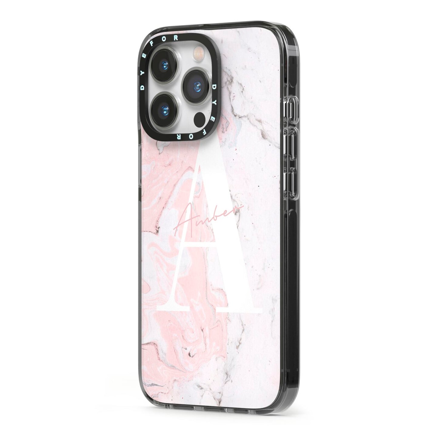 Monogrammed Pink White Ink Marble iPhone 13 Pro Black Impact Case Side Angle on Silver phone