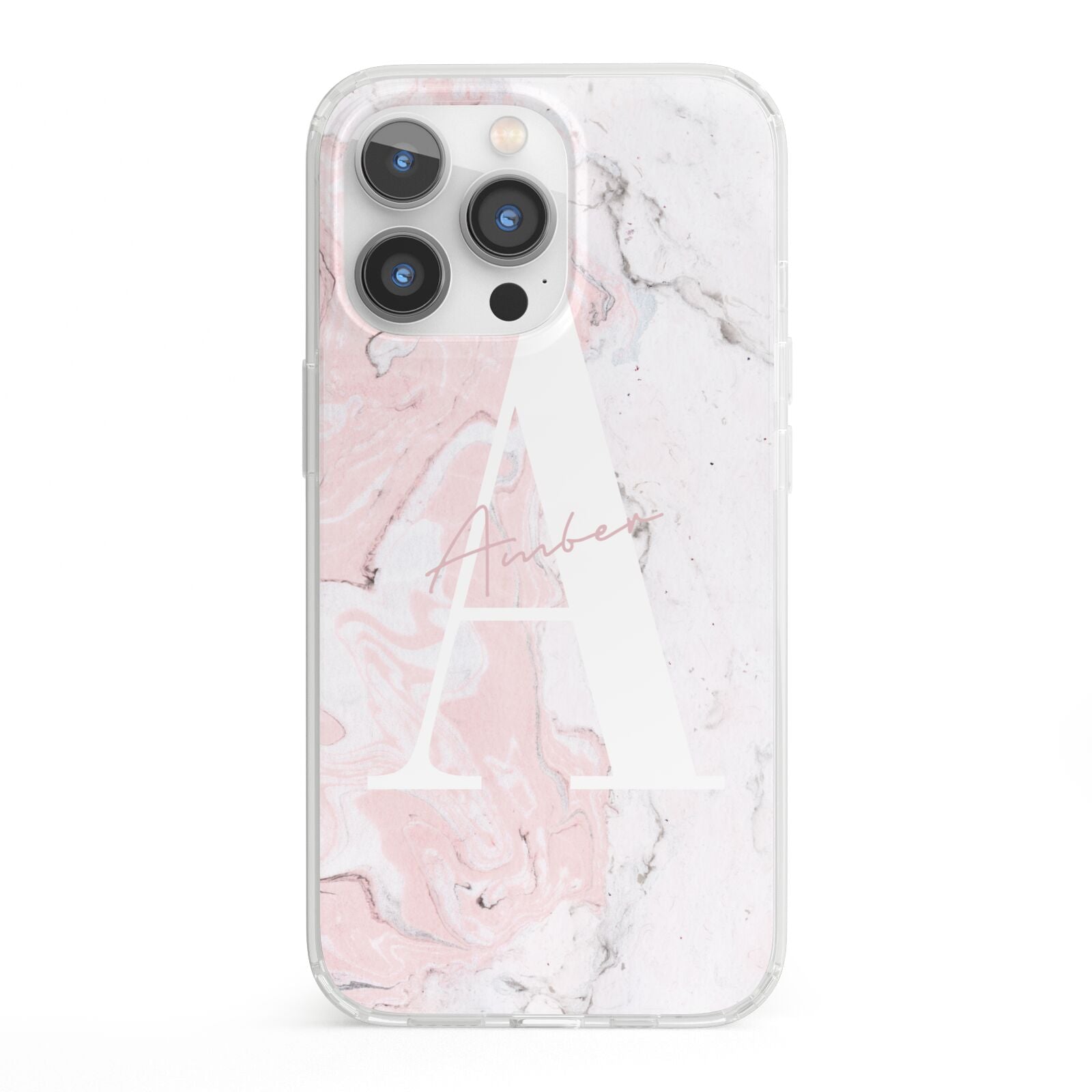 Monogrammed Pink White Ink Marble iPhone 13 Pro Clear Bumper Case