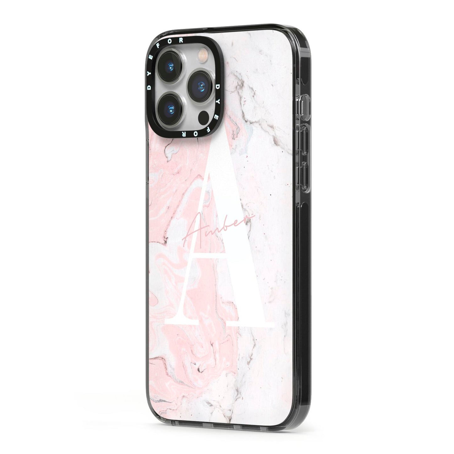 Monogrammed Pink White Ink Marble iPhone 13 Pro Max Black Impact Case Side Angle on Silver phone