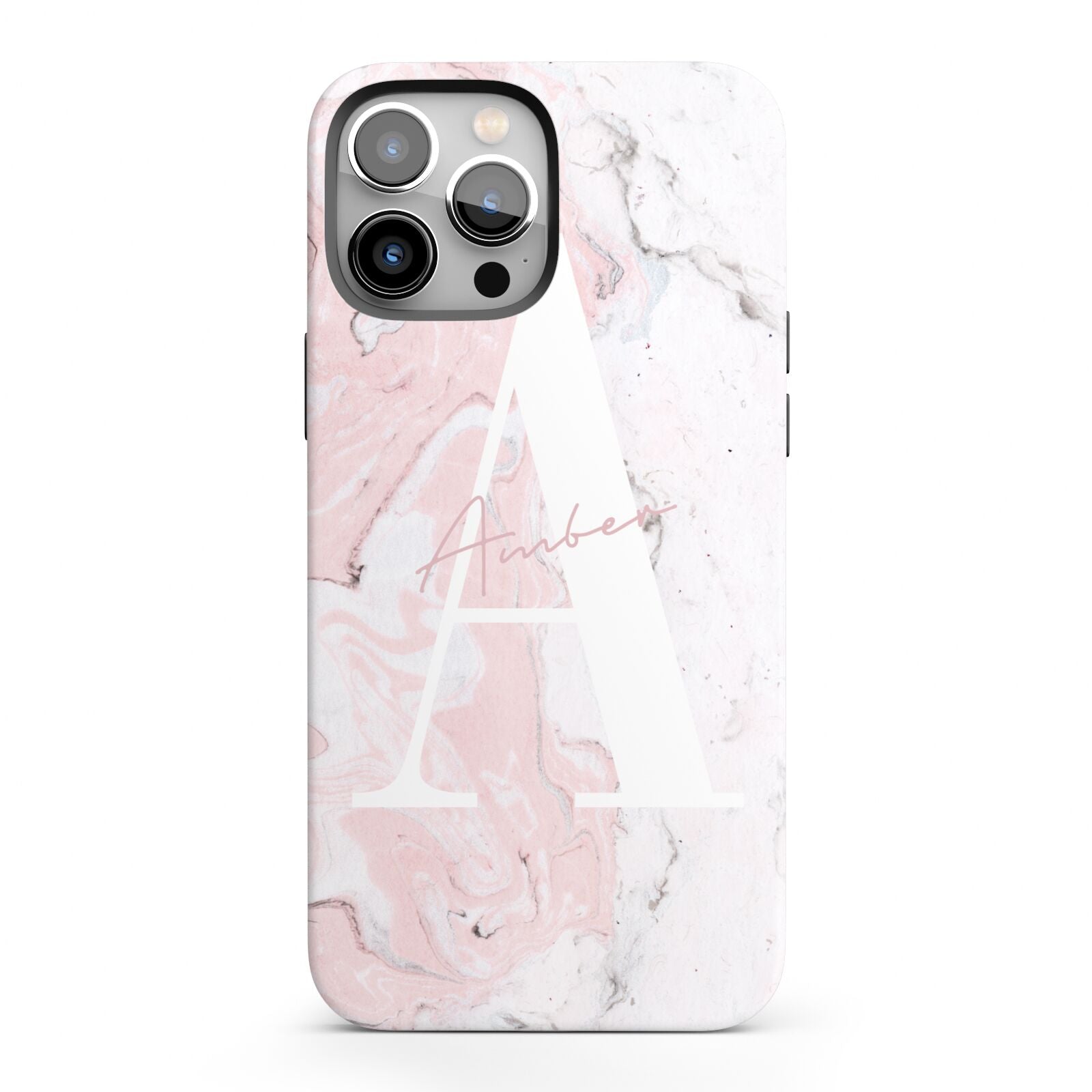 Monogrammed Pink White Ink Marble iPhone 13 Pro Max Full Wrap 3D Tough Case