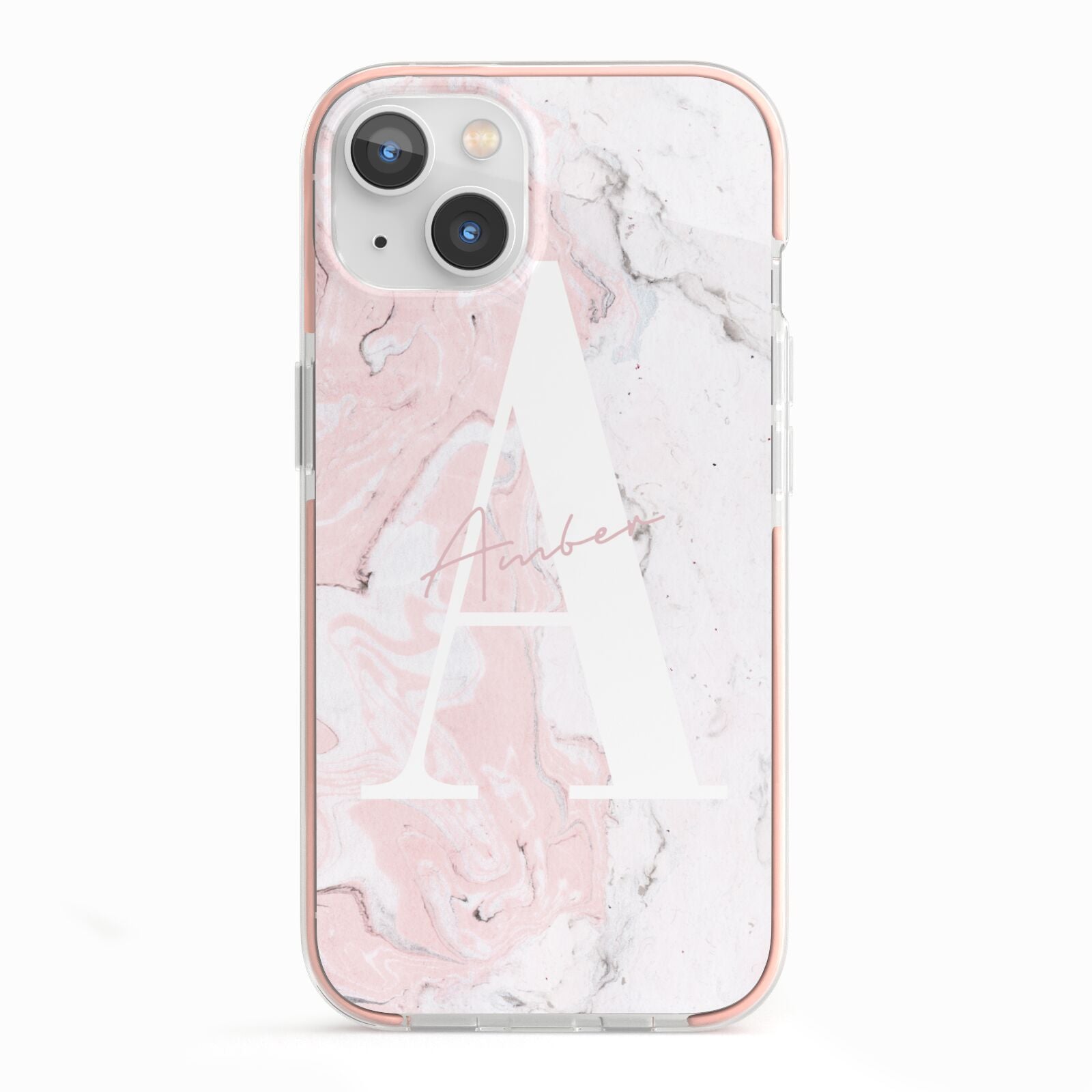 Monogrammed Pink White Ink Marble iPhone 13 TPU Impact Case with Pink Edges