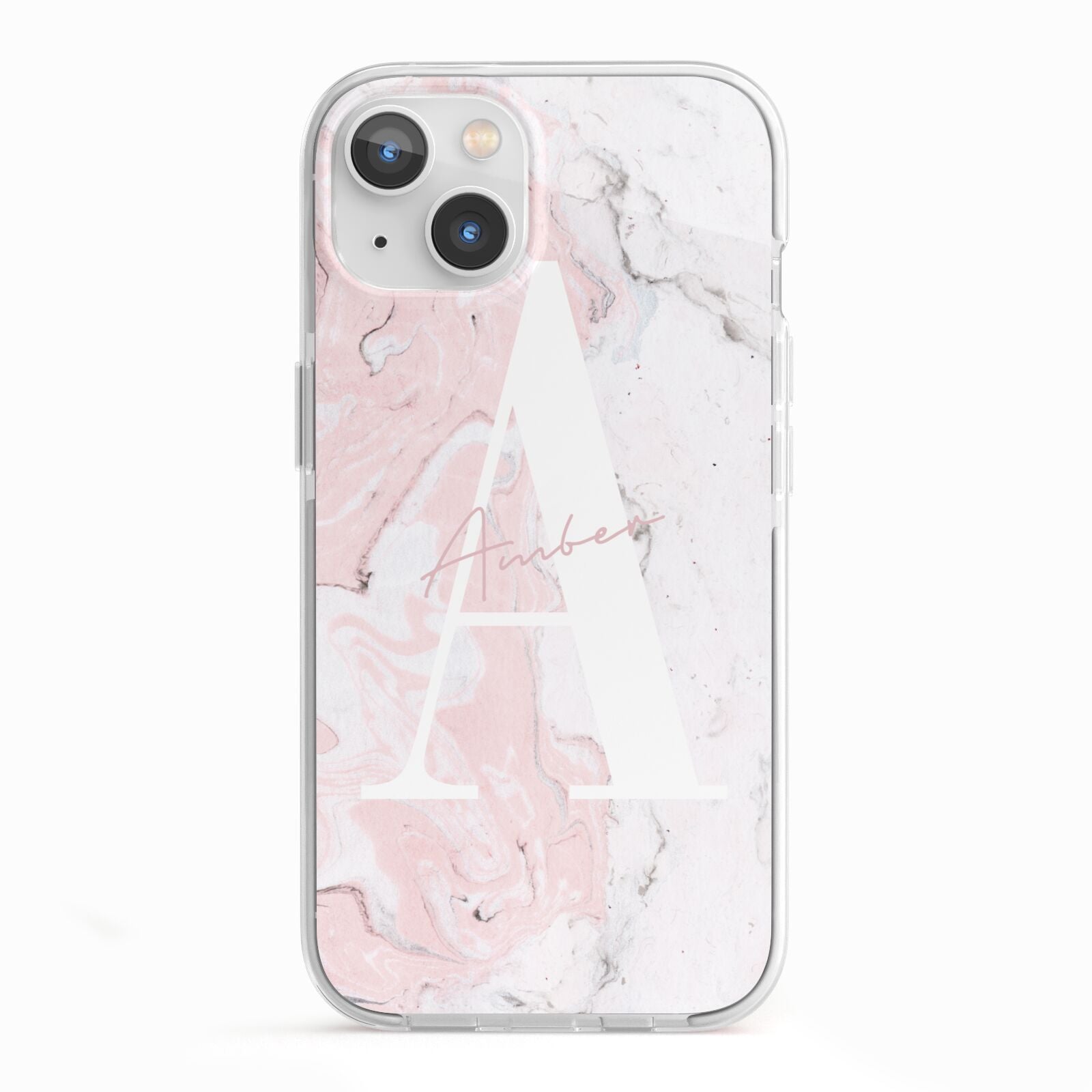 Monogrammed Pink White Ink Marble iPhone 13 TPU Impact Case with White Edges
