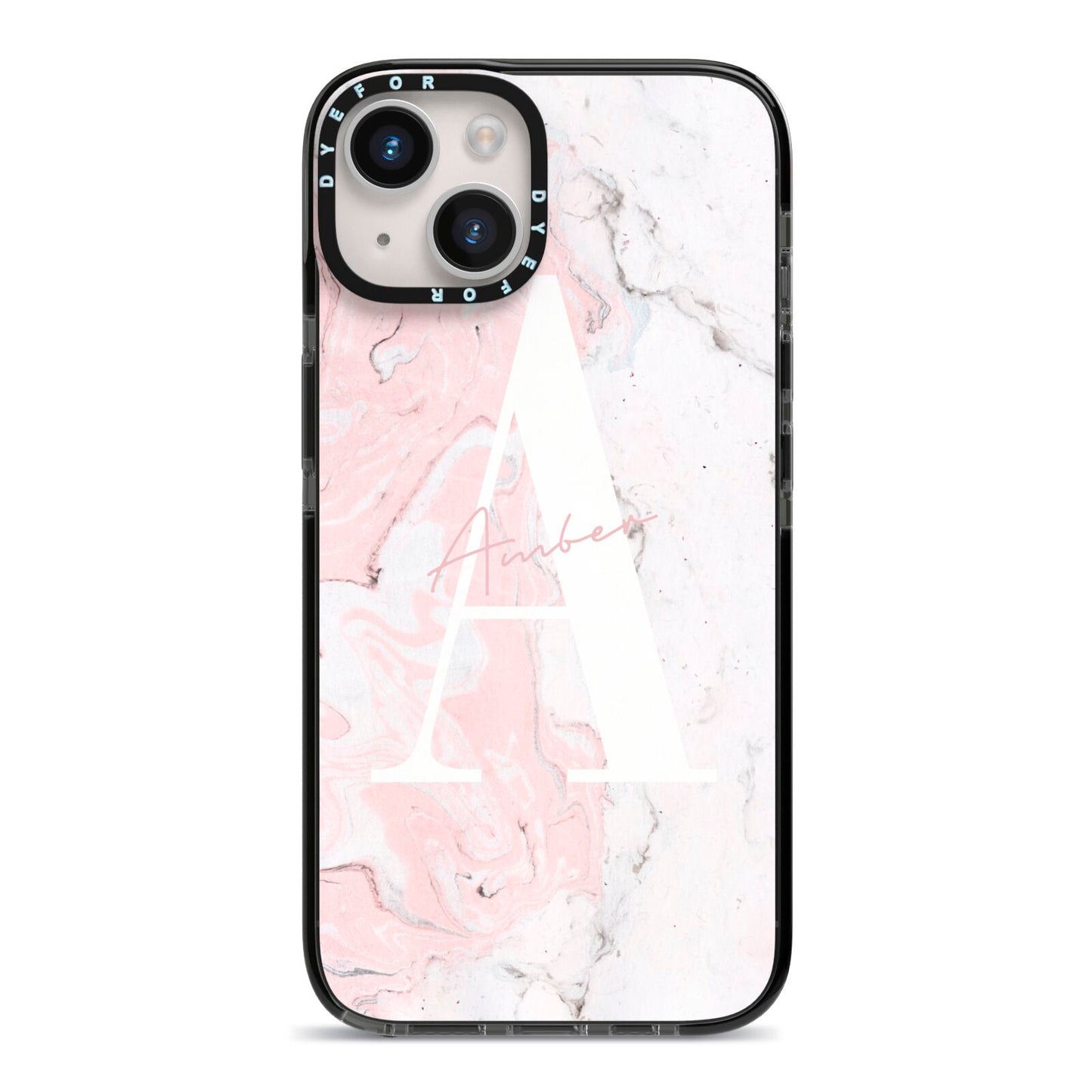 Monogrammed Pink White Ink Marble iPhone 14 Black Impact Case on Silver phone