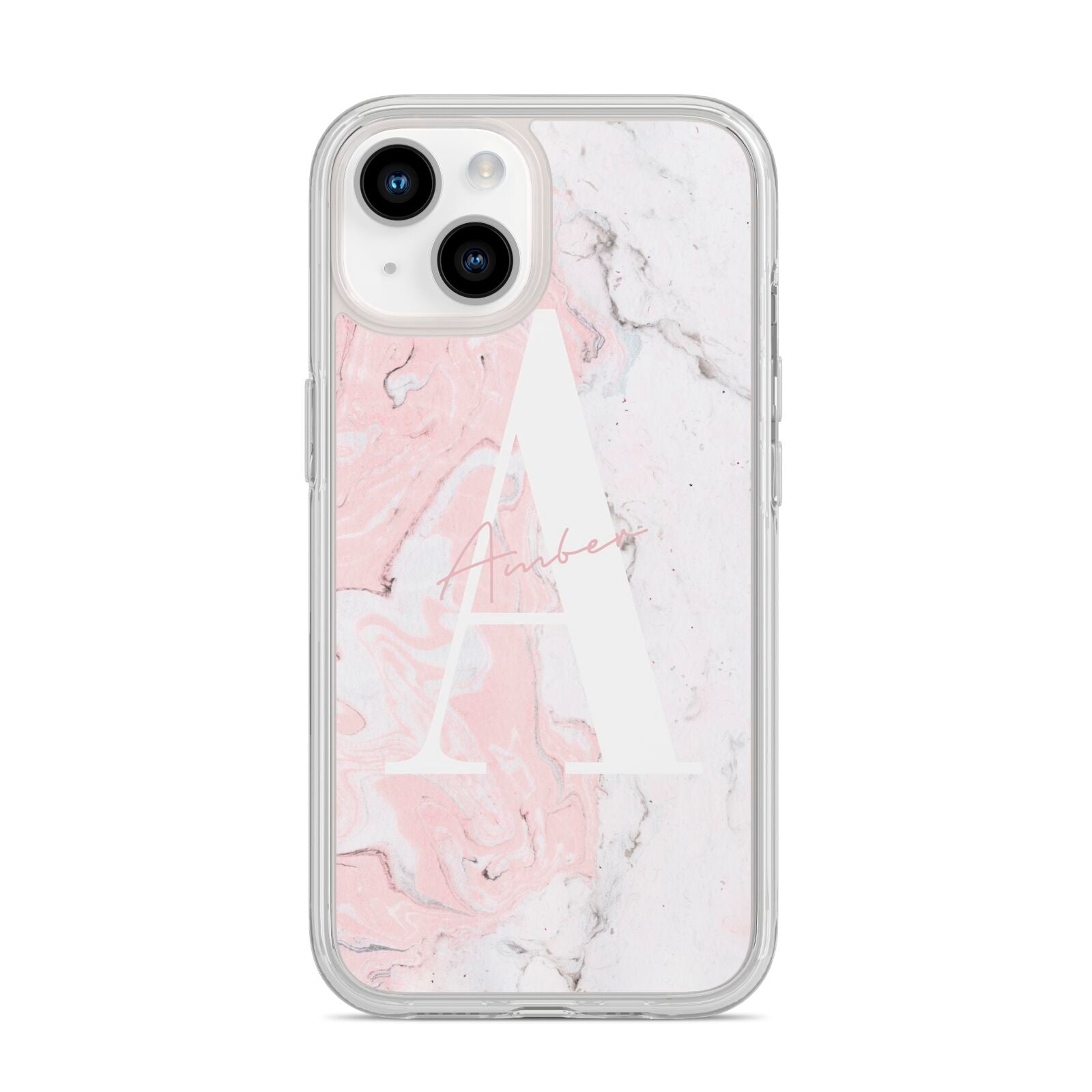 Monogrammed Pink White Ink Marble iPhone 14 Clear Tough Case Starlight