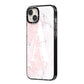 Monogrammed Pink White Ink Marble iPhone 14 Plus Black Impact Case Side Angle on Silver phone