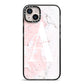 Monogrammed Pink White Ink Marble iPhone 14 Plus Black Impact Case on Silver phone