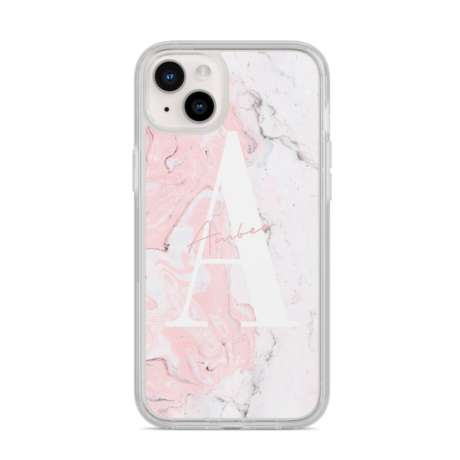 Monogrammed Pink White Ink Marble iPhone 14 Plus Clear Tough Case Starlight