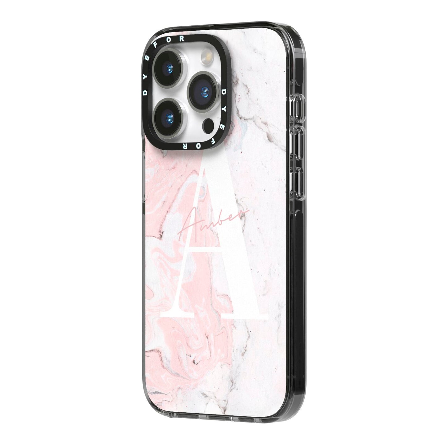 Monogrammed Pink White Ink Marble iPhone 14 Pro Black Impact Case Side Angle on Silver phone