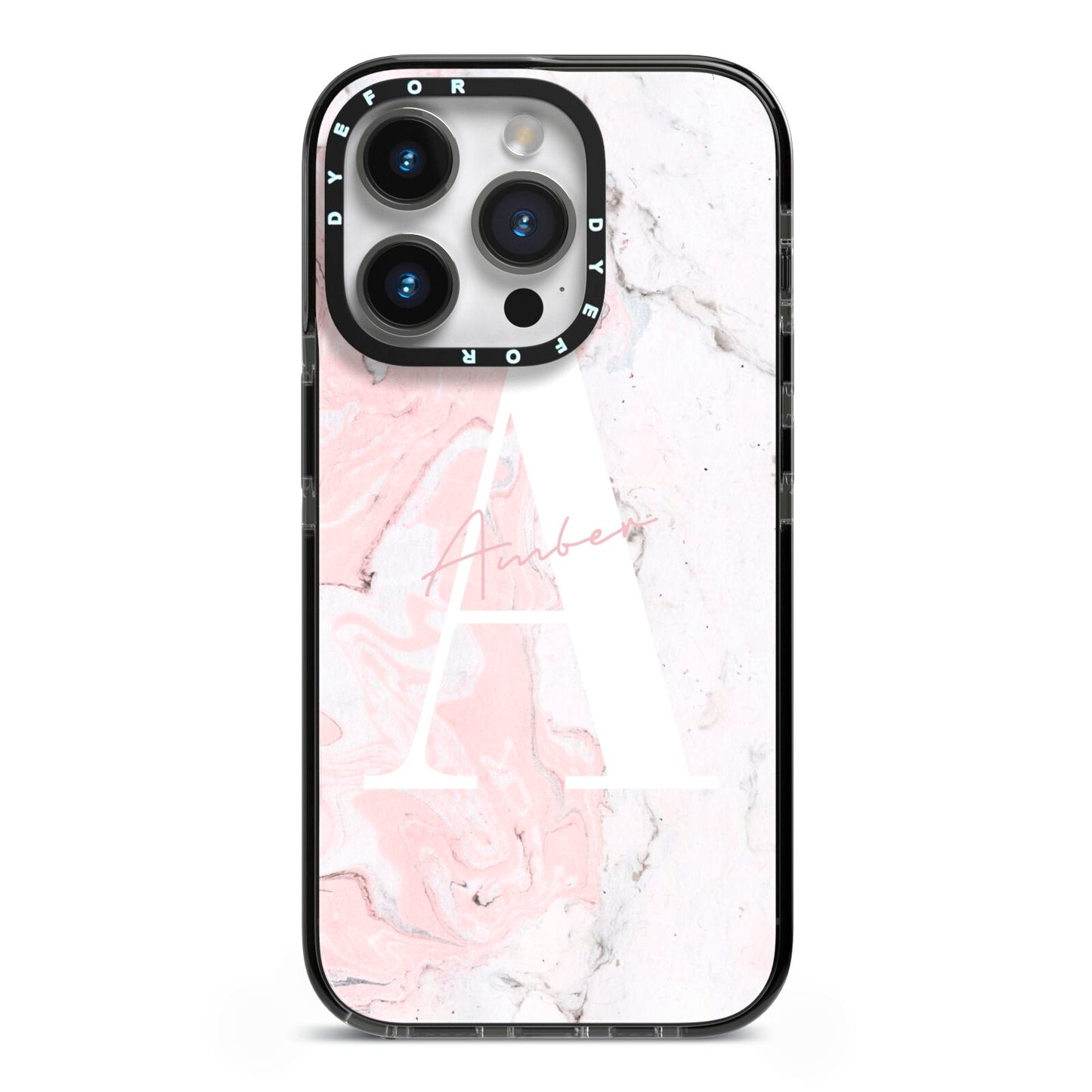 Monogrammed Pink White Ink Marble iPhone 14 Pro Black Impact Case on Silver phone