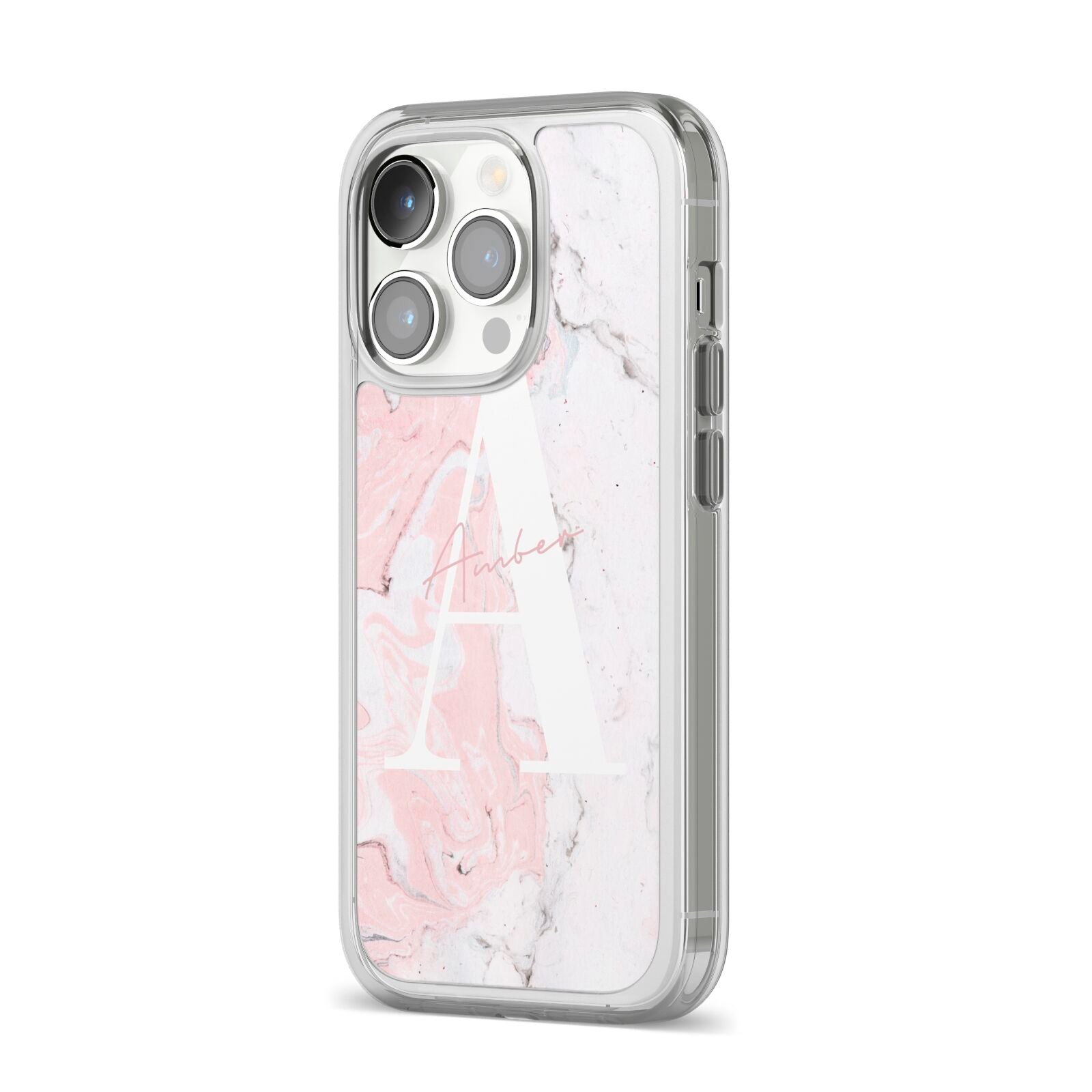 Monogrammed Pink White Ink Marble iPhone 14 Pro Clear Tough Case Silver Angled Image