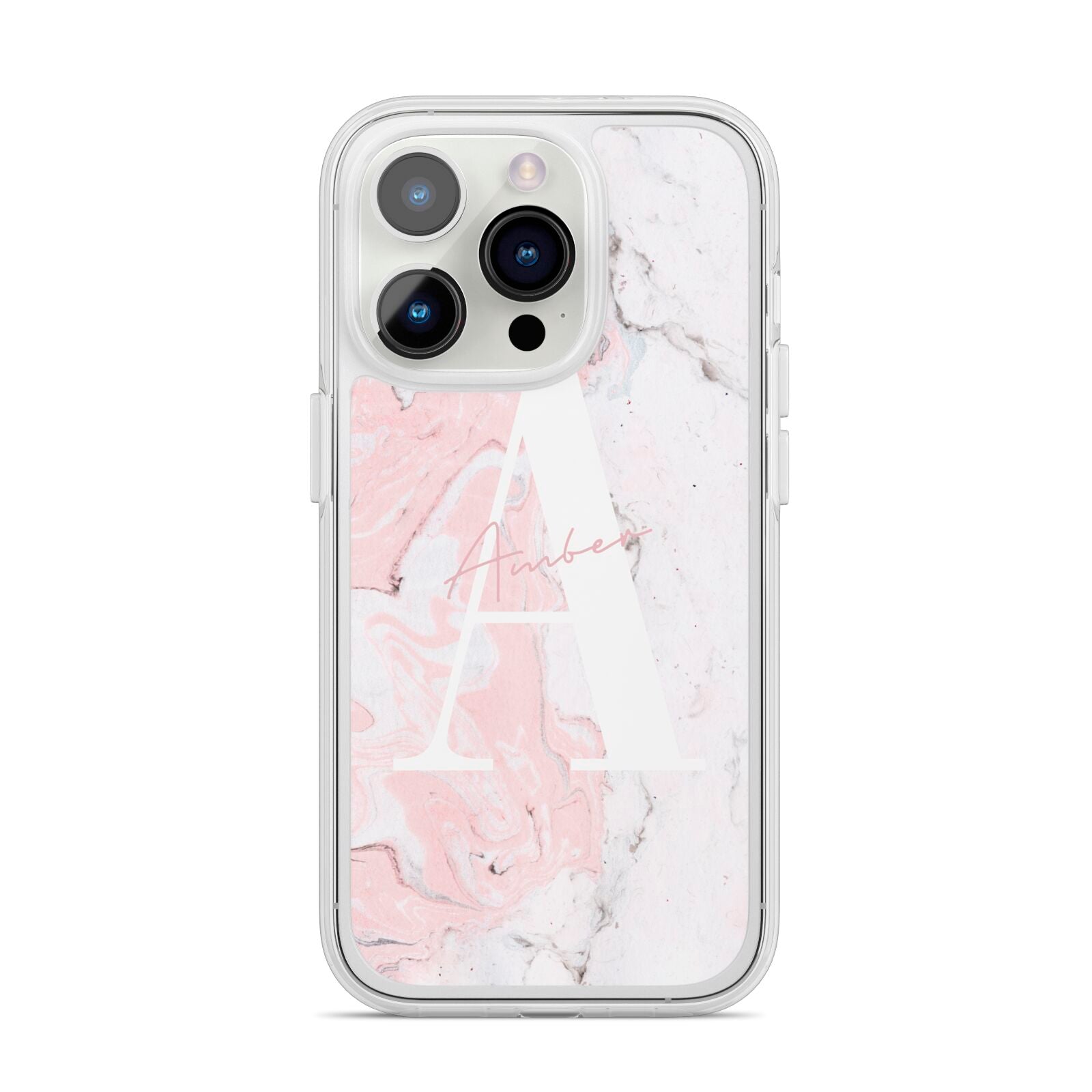 Monogrammed Pink White Ink Marble iPhone 14 Pro Clear Tough Case Silver