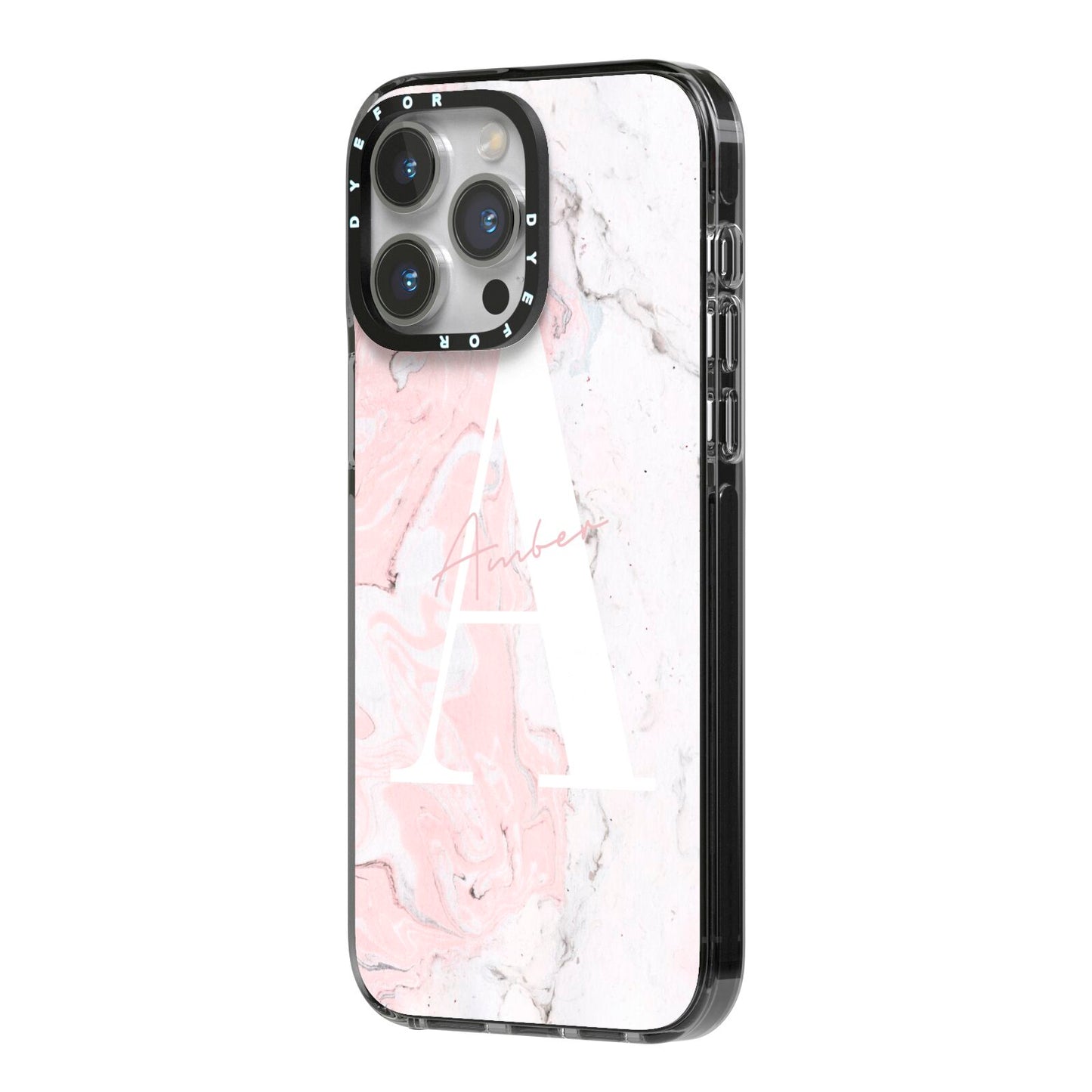 Monogrammed Pink White Ink Marble iPhone 14 Pro Max Black Impact Case Side Angle on Silver phone