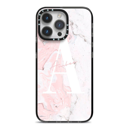 Monogrammed Pink White Ink Marble iPhone 14 Pro Max Black Impact Case on Silver phone