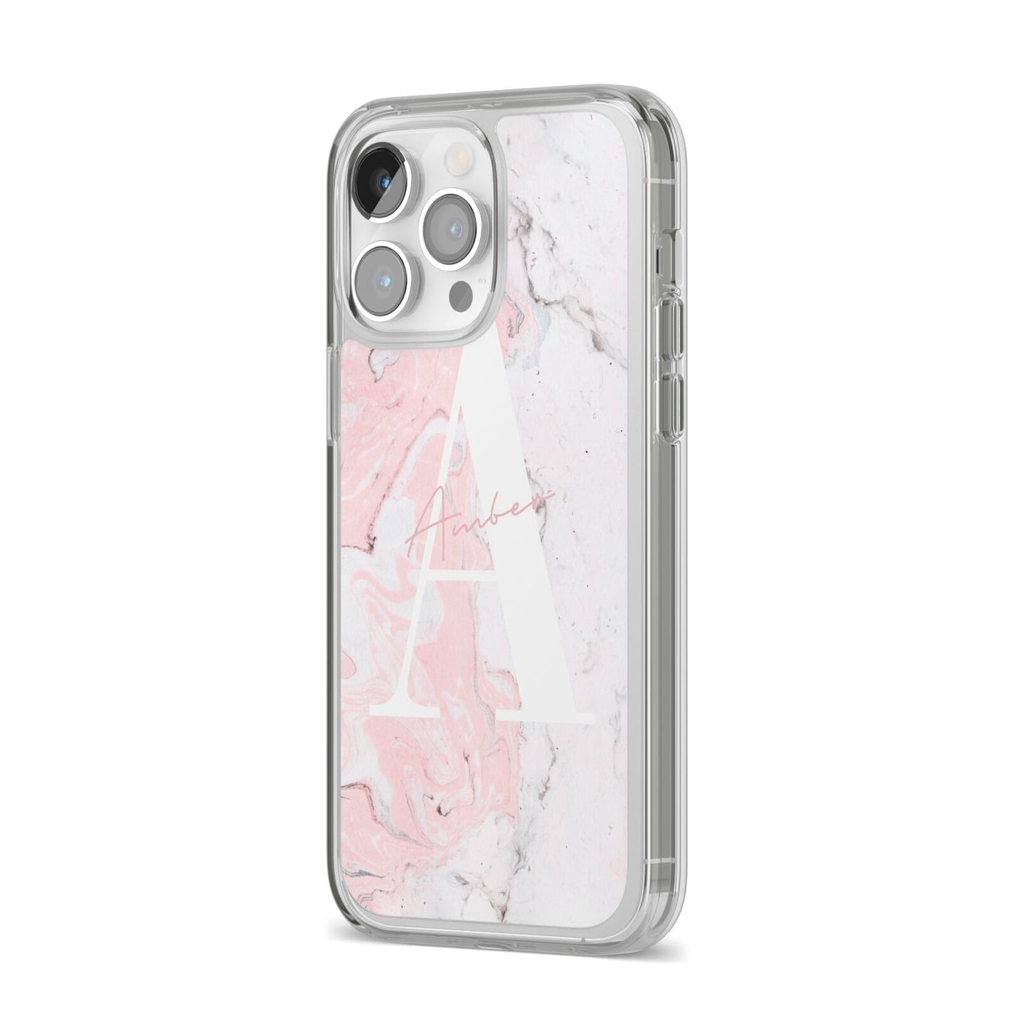 Monogrammed Pink White Ink Marble iPhone 14 Pro Max Clear Tough Case Silver Angled Image
