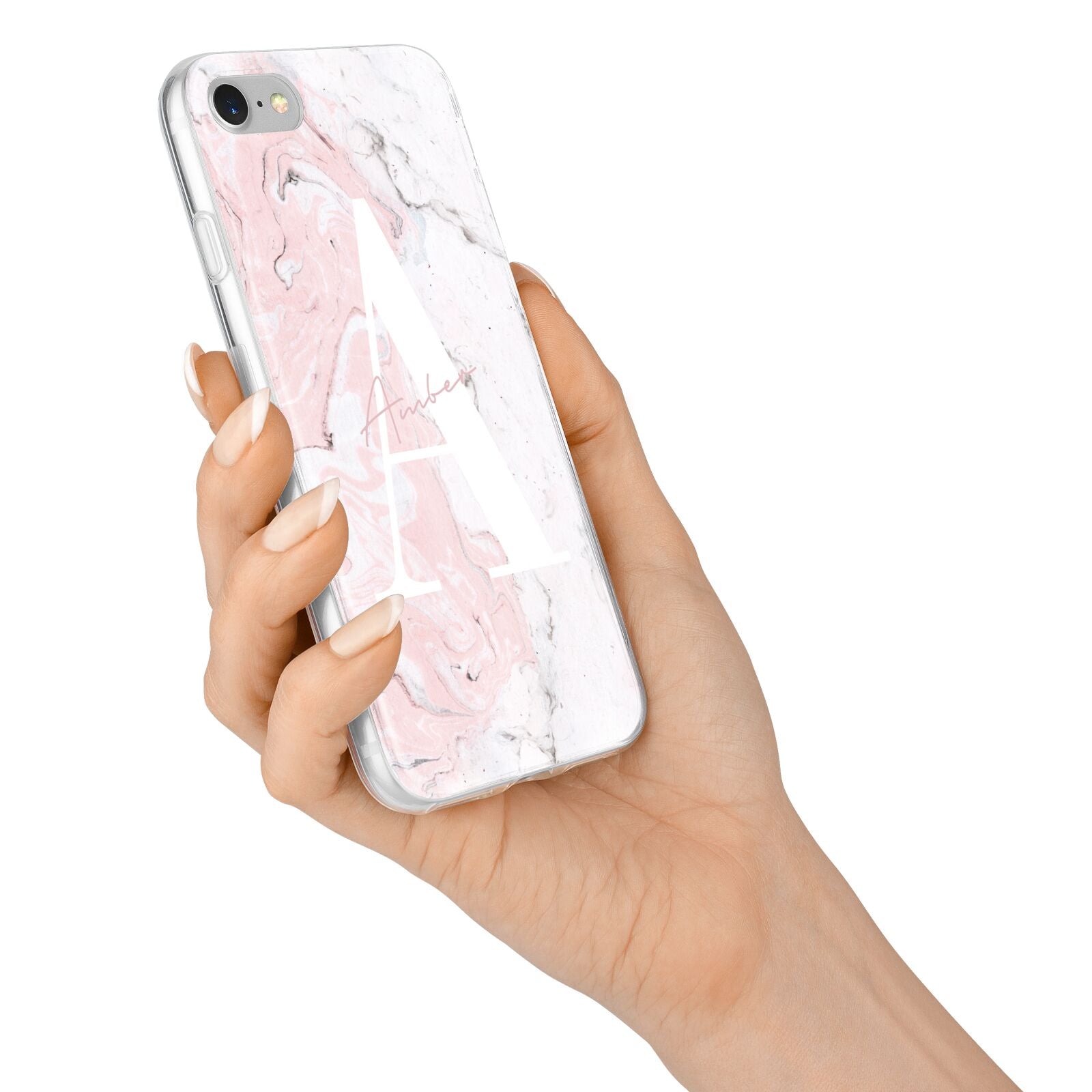 Monogrammed Pink White Ink Marble iPhone 7 Bumper Case on Silver iPhone Alternative Image