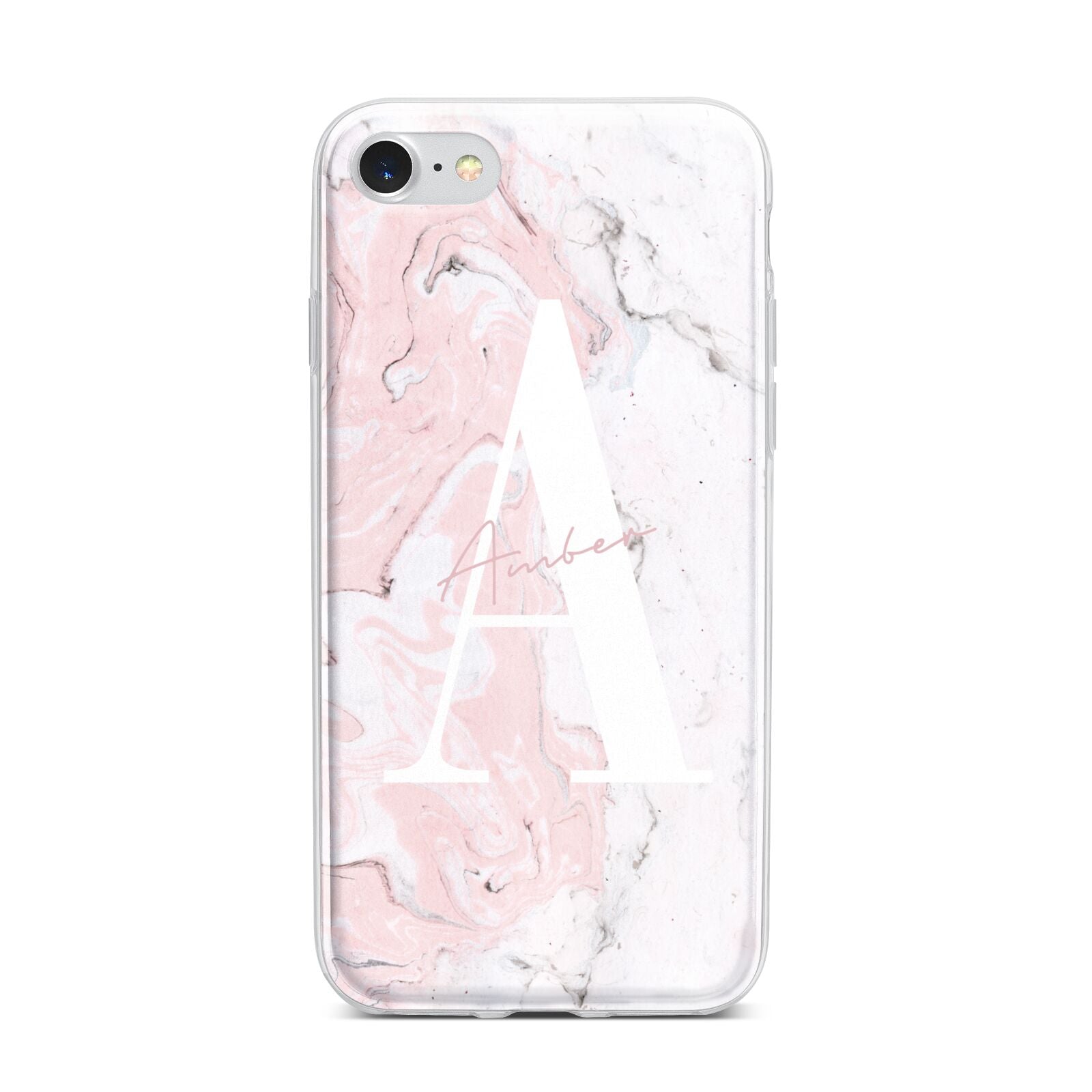 Monogrammed Pink White Ink Marble iPhone 7 Bumper Case on Silver iPhone