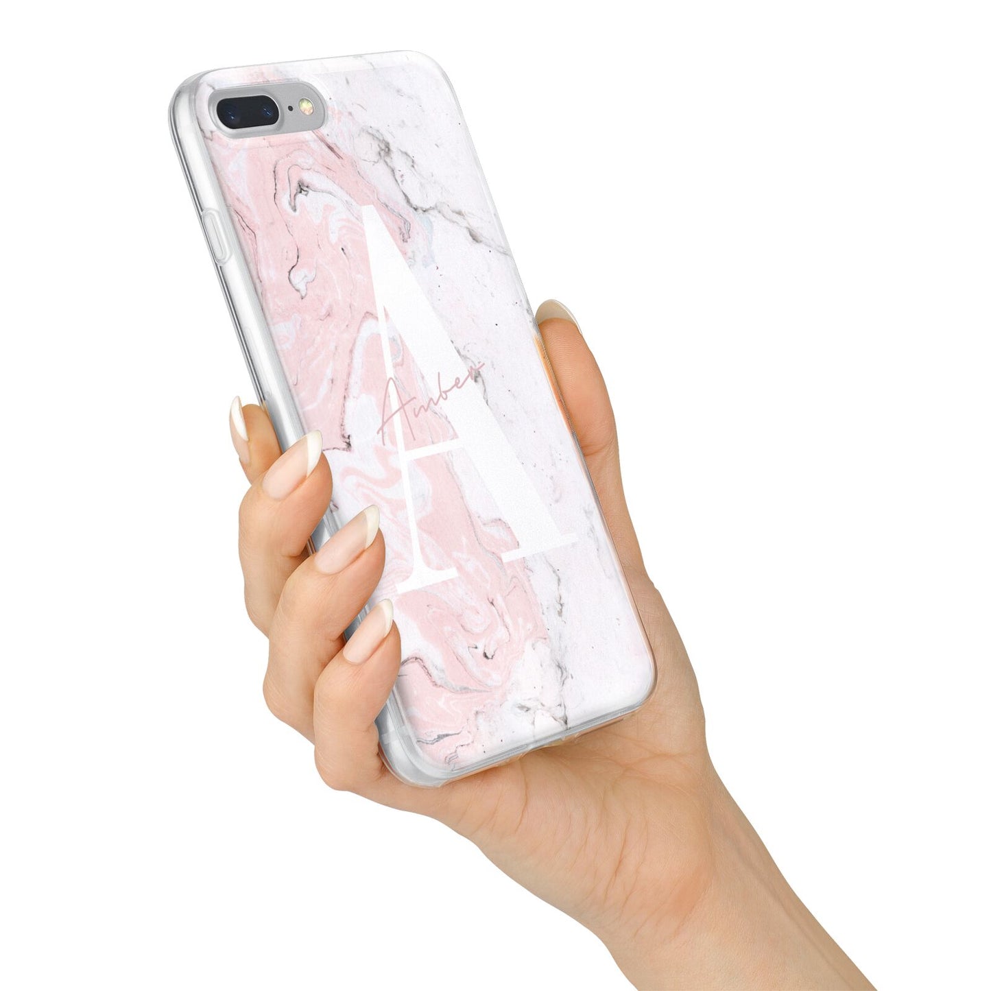 Monogrammed Pink White Ink Marble iPhone 7 Plus Bumper Case on Silver iPhone Alternative Image