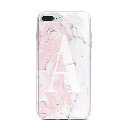 Monogrammed Pink White Ink Marble iPhone 7 Plus Bumper Case on Silver iPhone