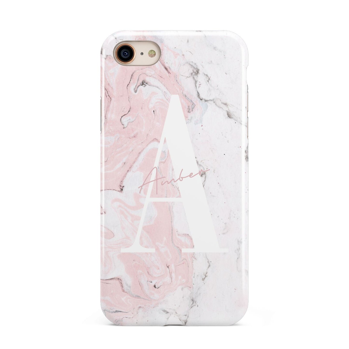 Monogrammed Pink White Ink Marble iPhone 8 3D Tough Case on Gold Phone