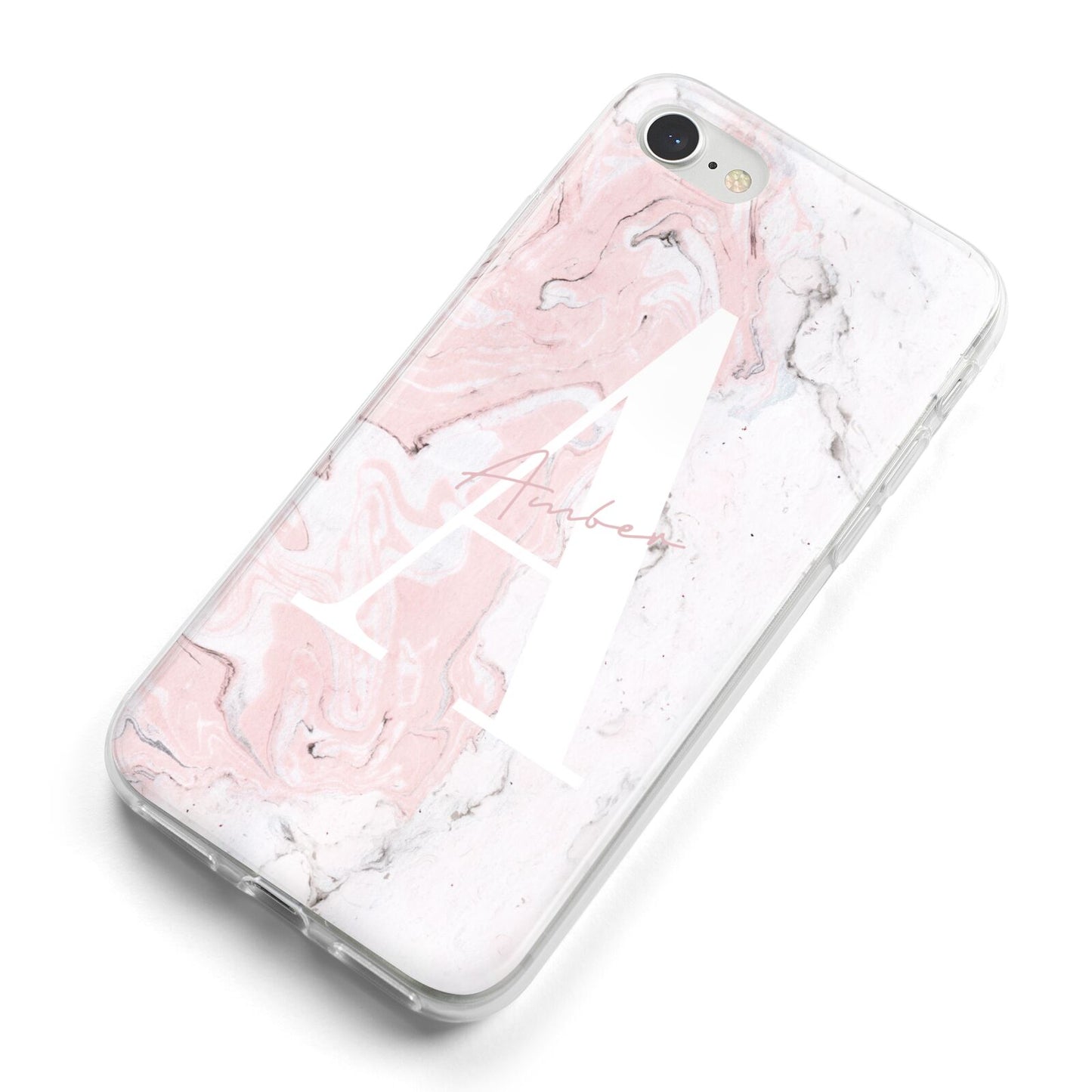 Monogrammed Pink White Ink Marble iPhone 8 Bumper Case on Silver iPhone Alternative Image