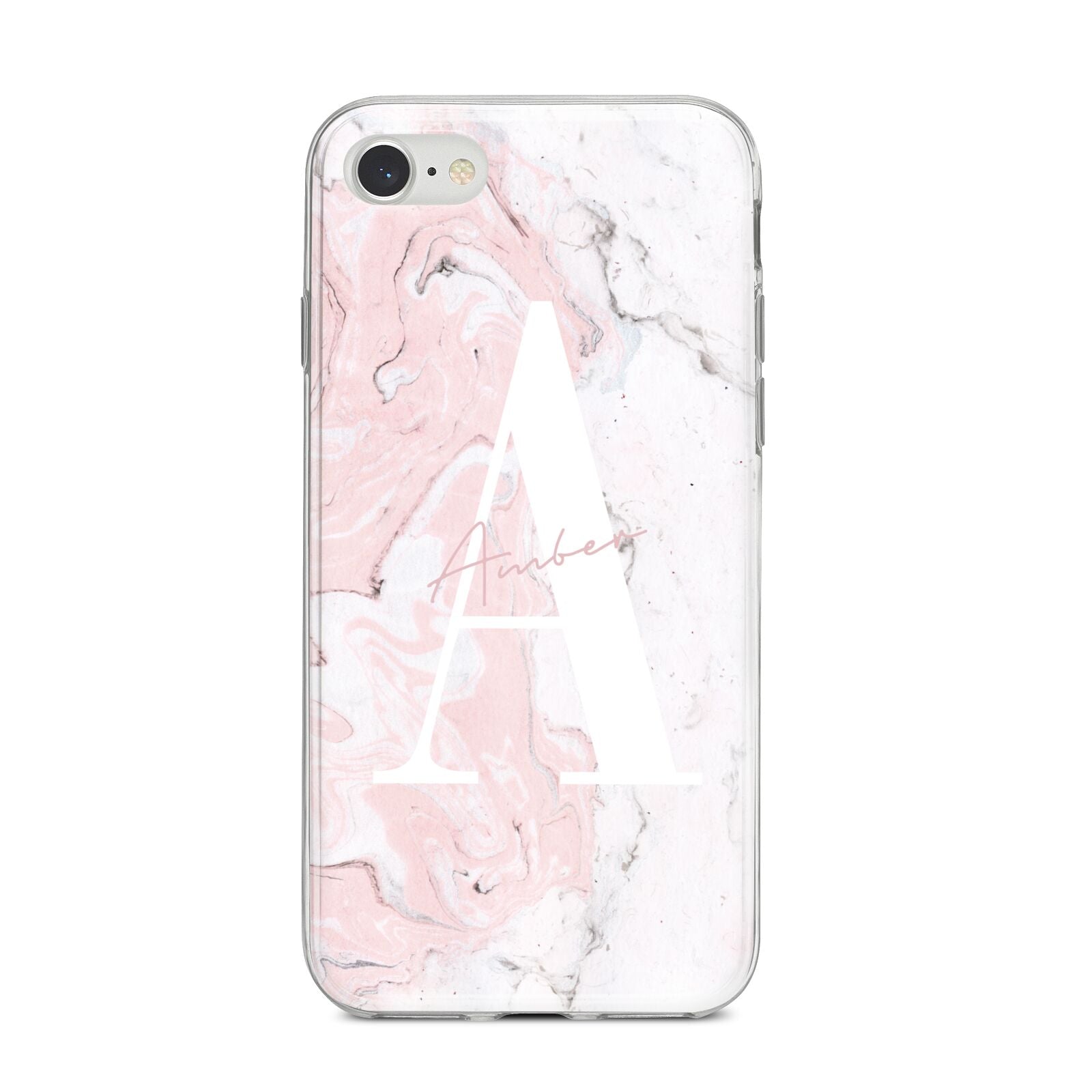 Monogrammed Pink White Ink Marble iPhone 8 Bumper Case on Silver iPhone