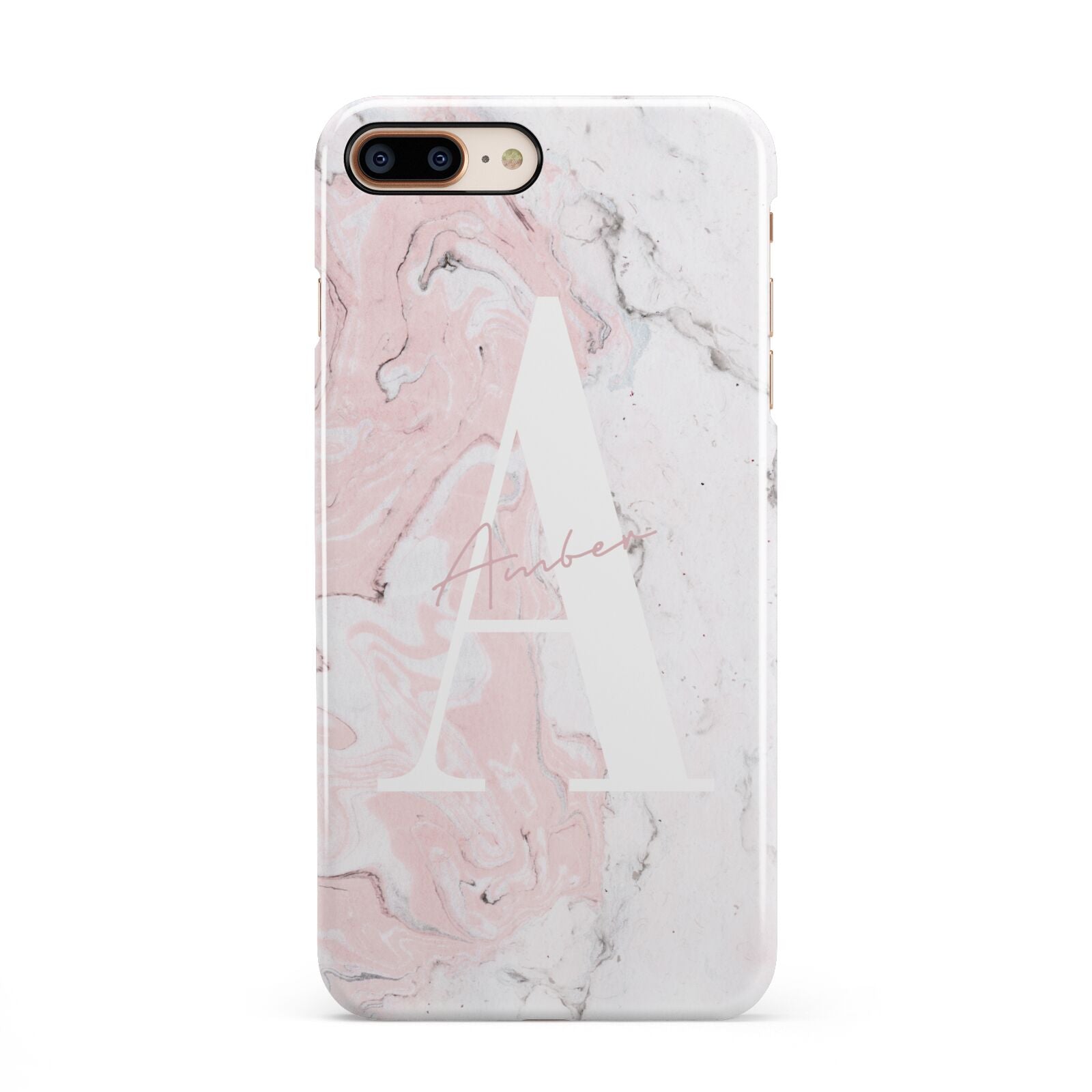 Monogrammed Pink White Ink Marble iPhone 8 Plus 3D Snap Case on Gold Phone