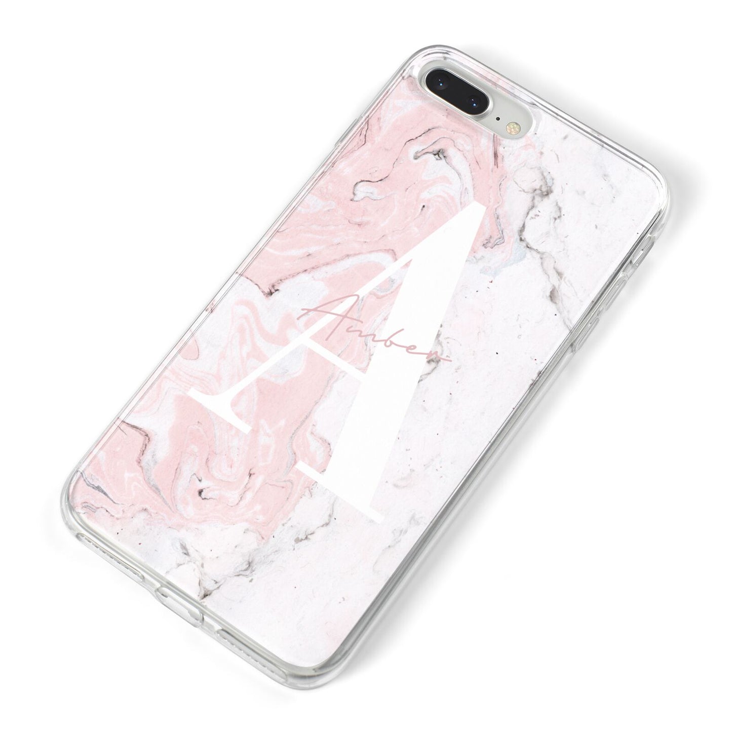 Monogrammed Pink White Ink Marble iPhone 8 Plus Bumper Case on Silver iPhone Alternative Image