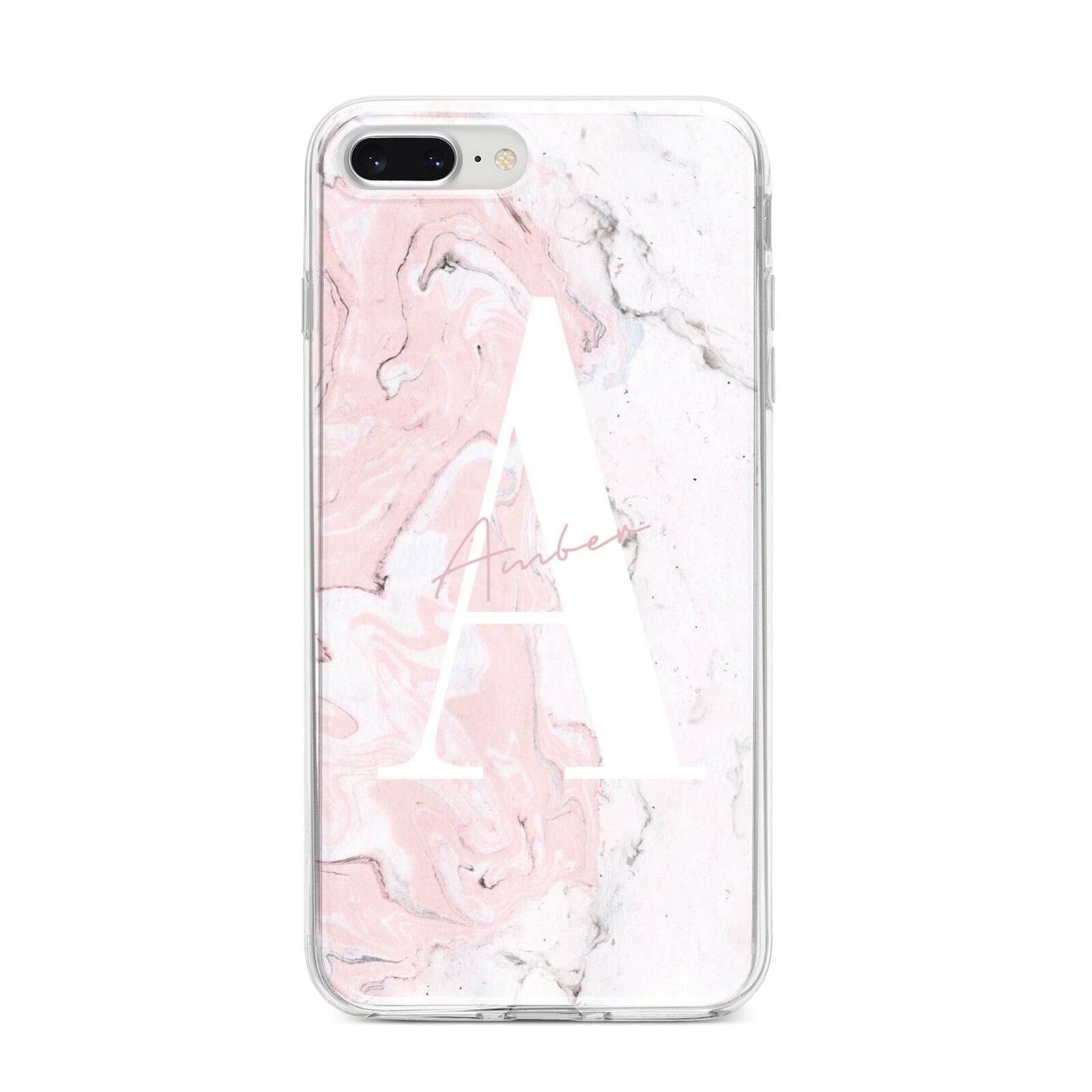 Monogrammed Pink White Ink Marble iPhone 8 Plus Bumper Case on Silver iPhone