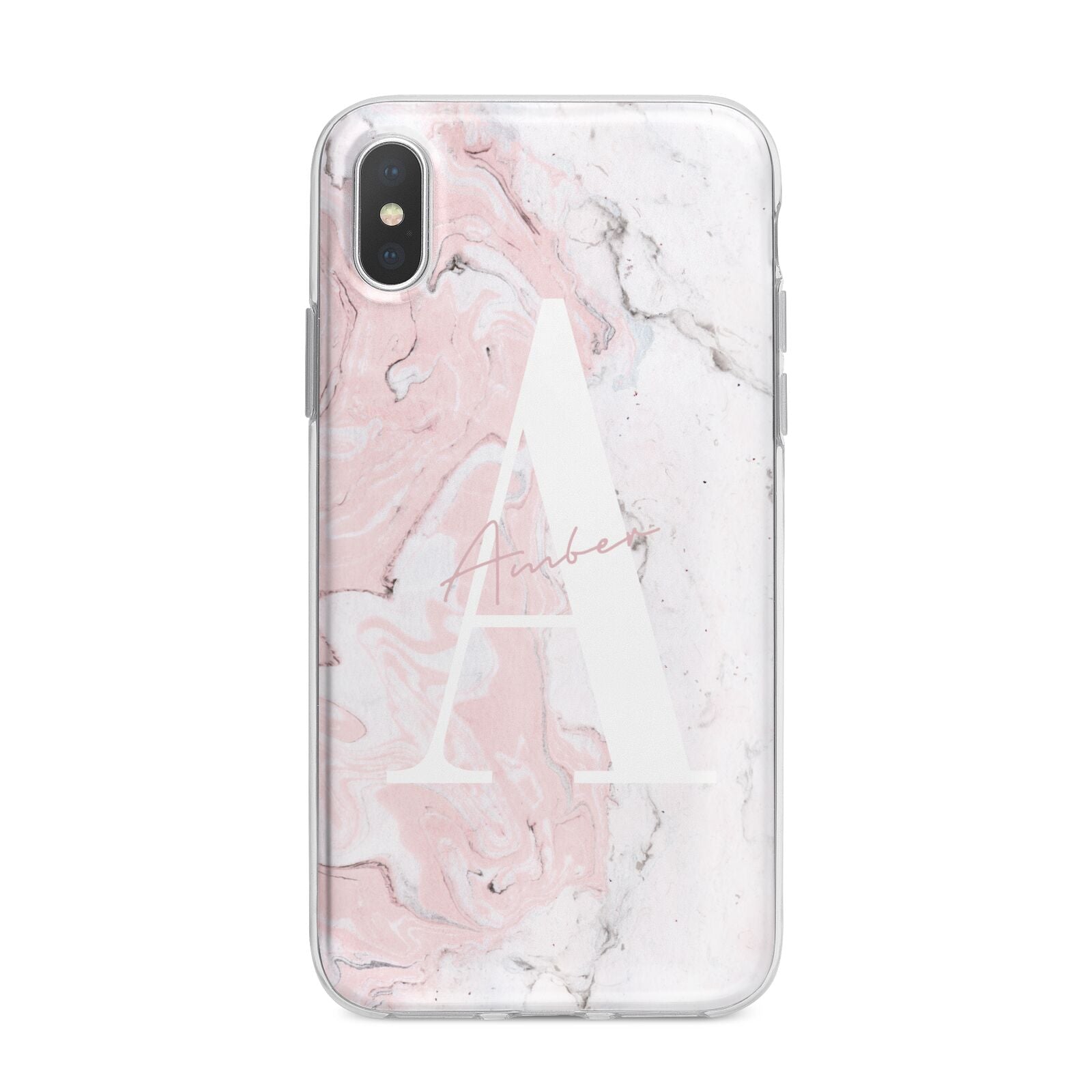 Monogrammed Pink White Ink Marble iPhone X Bumper Case on Silver iPhone Alternative Image 1