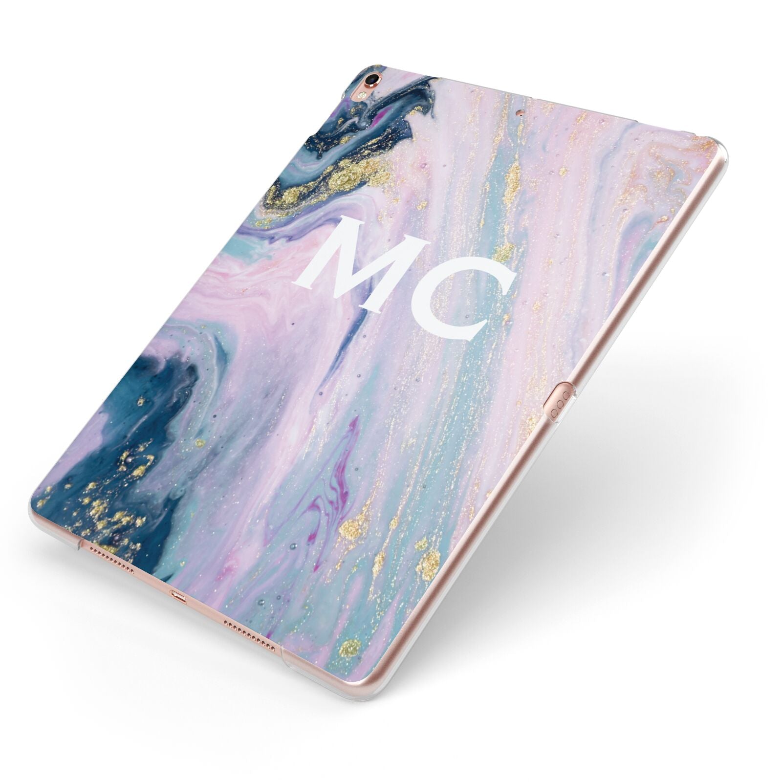 Monogrammed Purple Gold Glitter Marble Apple iPad Case on Rose Gold iPad Side View