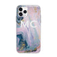 Monogrammed Purple Gold Glitter Marble Apple iPhone 11 Pro in Silver with Bumper Case