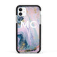 Monogrammed Purple Gold Glitter Marble Apple iPhone 11 in White with Black Impact Case
