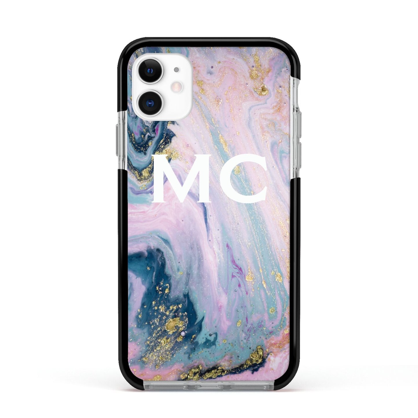 Monogrammed Purple Gold Glitter Marble Apple iPhone 11 in White with Black Impact Case