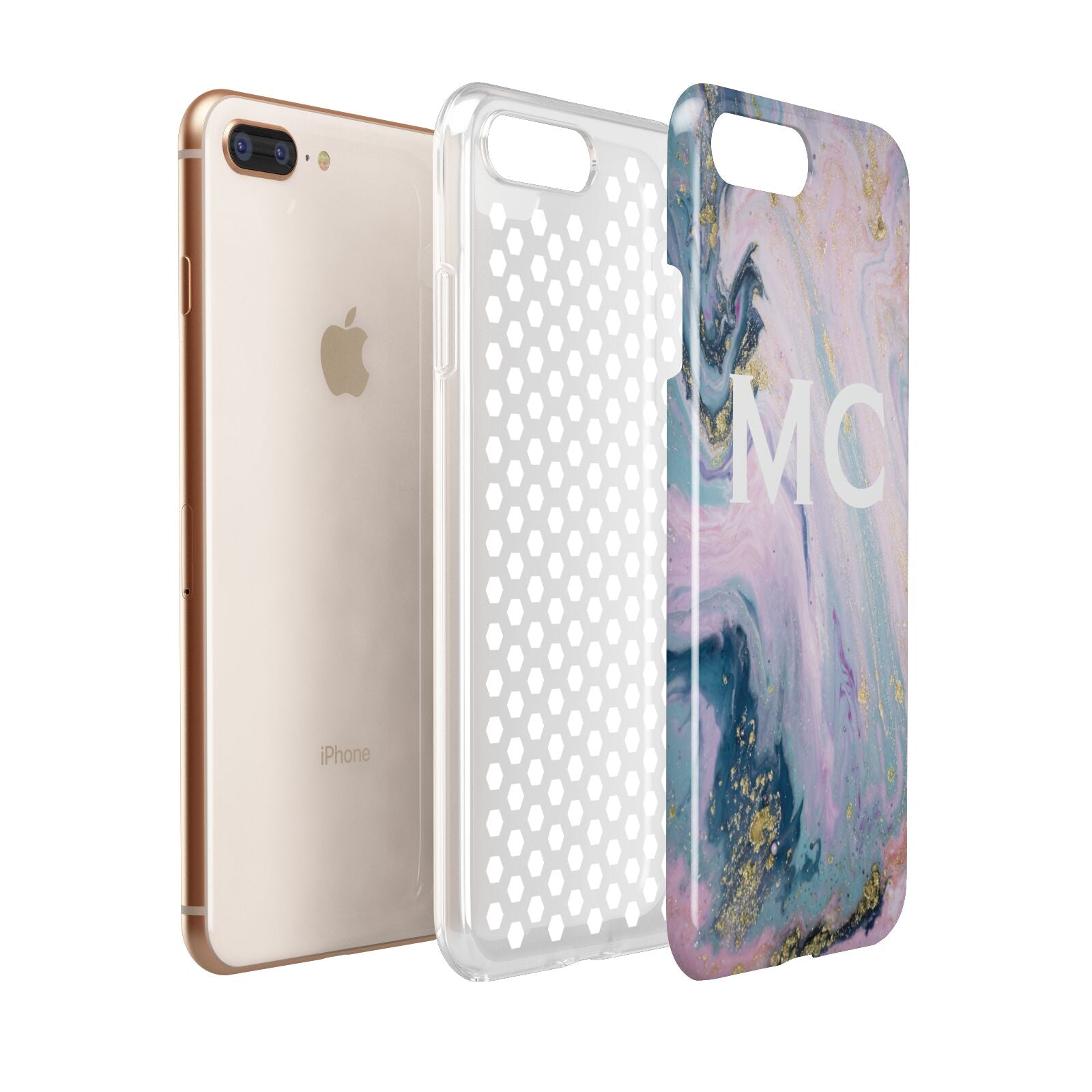 Monogrammed Purple Gold Glitter Marble Apple iPhone 7 8 Plus 3D Tough Case Expanded View