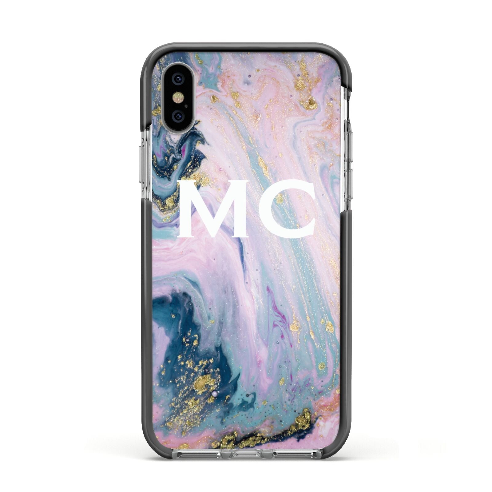 Monogrammed Purple Gold Glitter Marble Apple iPhone Xs Impact Case Black Edge on Silver Phone